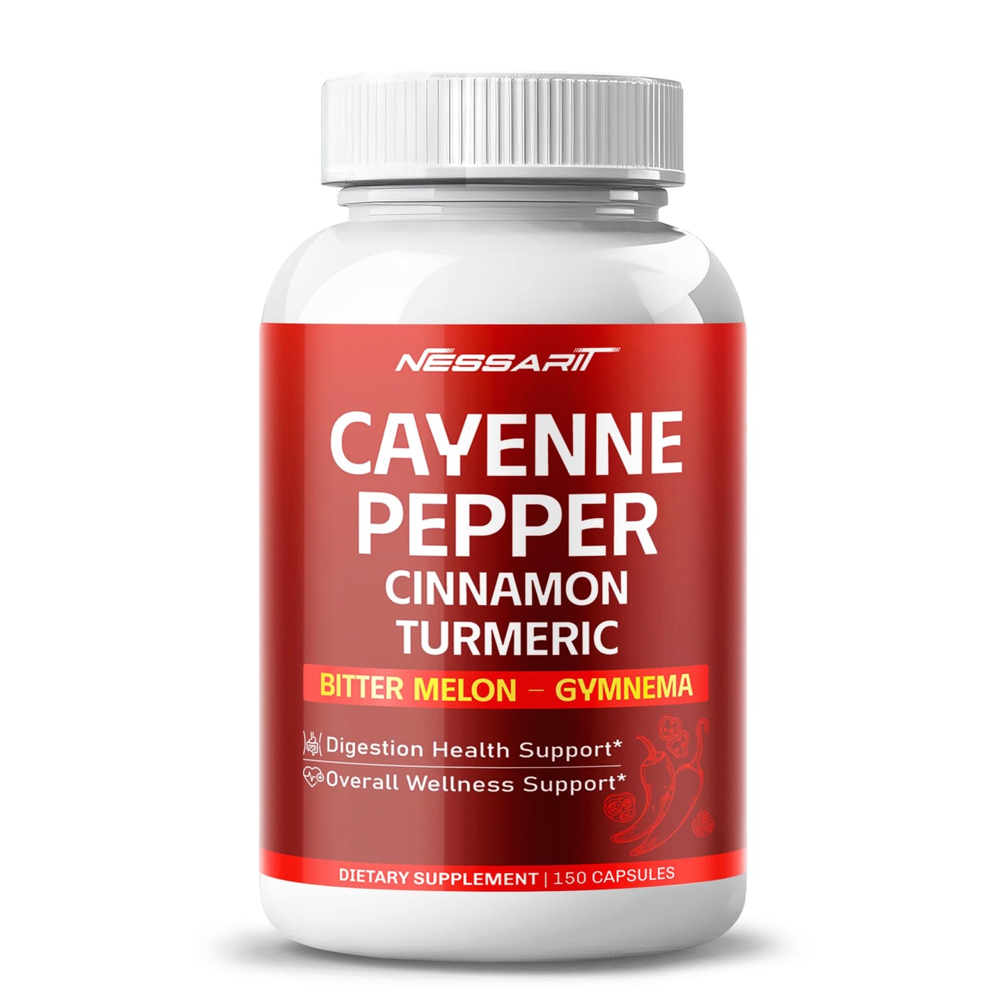 NESSARIT Cayenne Pepper Capsules with Cinnamon, Turmeric, Ginger, Apple Cider Vinegar, Garlic & Black Pepper, Digestive Wellness Support, 150 Capsules