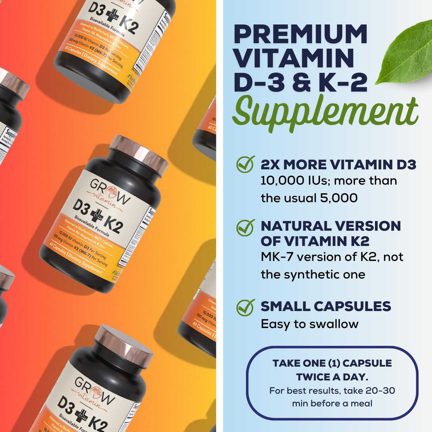Grow Vitamin D3 K2 with MCT Oil, 60 Capsules