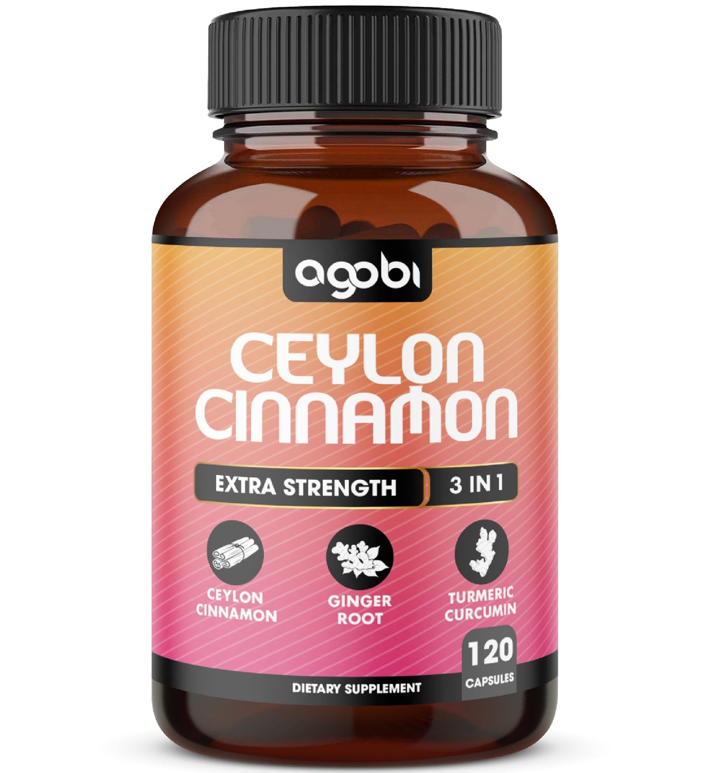 agobi Ceylon Cinnamon Capsules with Ginger Root and Turmeric Curcumin, 120 Vegan Capsules