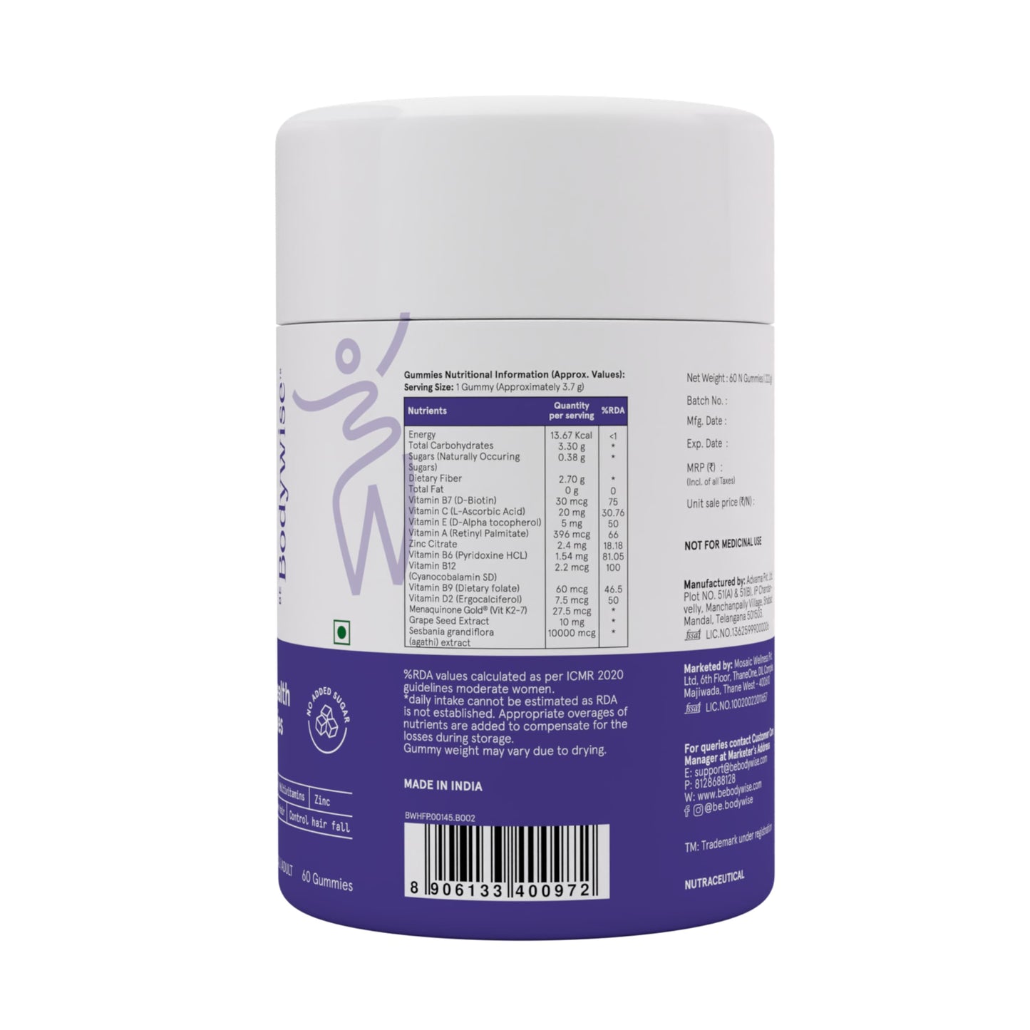 Be Bodywise Biotin Hair Growth Gummies 60 Count