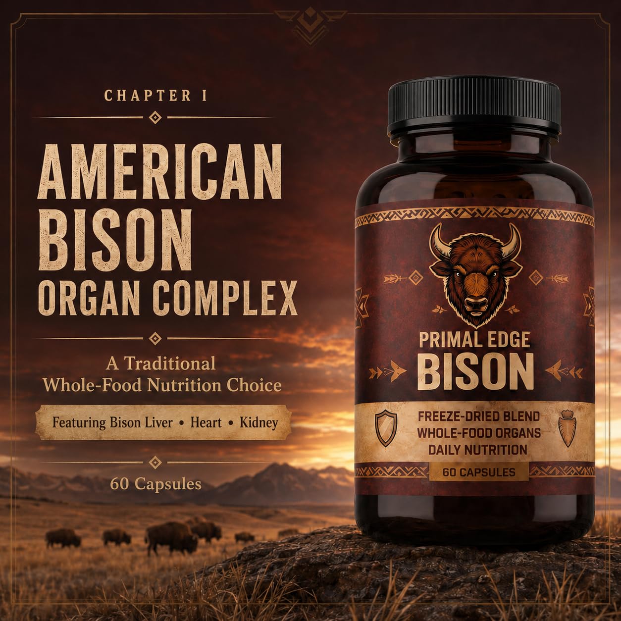 Kymezol Primal Edge Bison Grass-Fed American Bison Organ Supplement Capsule, 60 Capsules