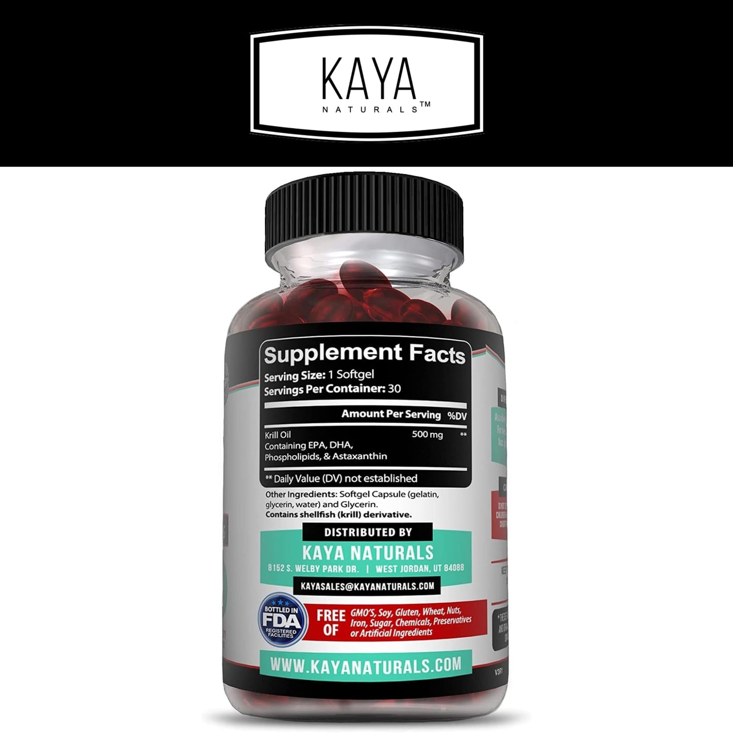 Kaya Naturals Antarctic Krill Oil 500mg with Omega-3 EPA, DHA, Phospholipids & Astaxanthin Softgels, 30 Count