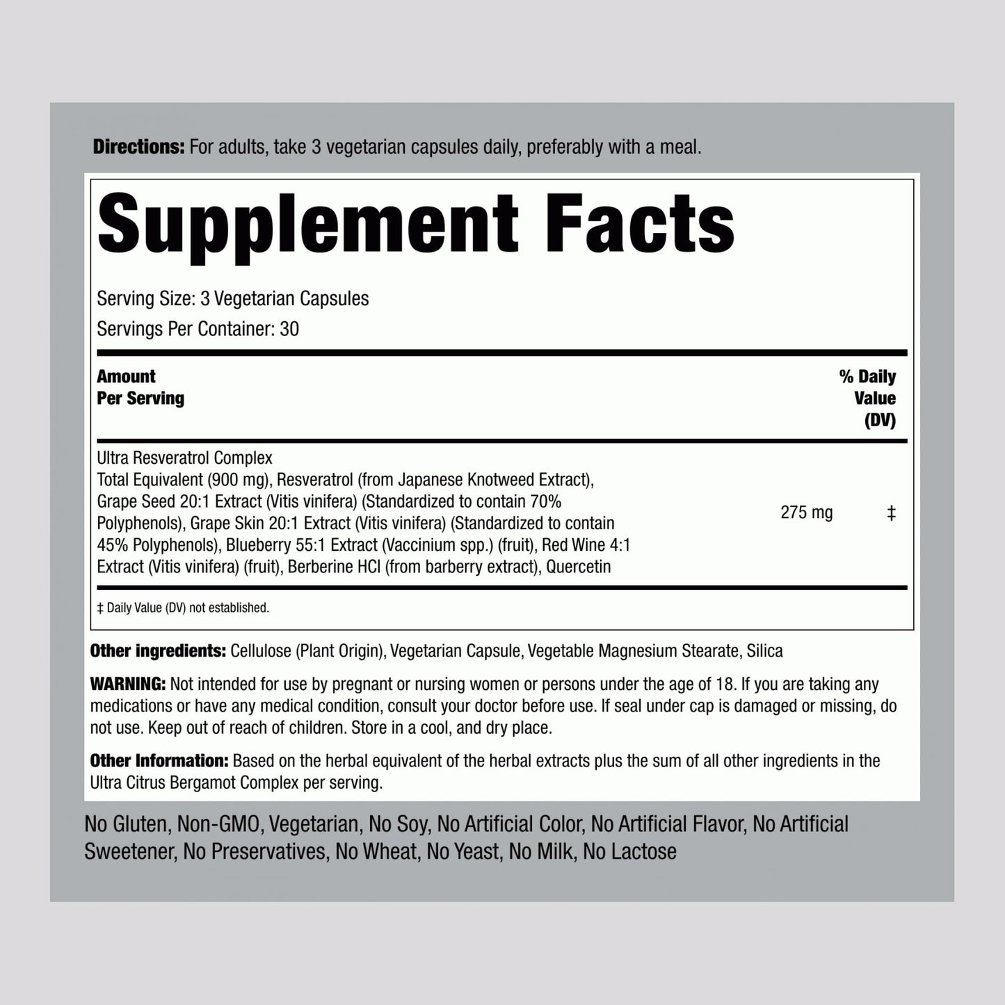 Piping Rock Resveratrol Berberine Grape Seed & Quercetin Complex Capsules 90 Count
