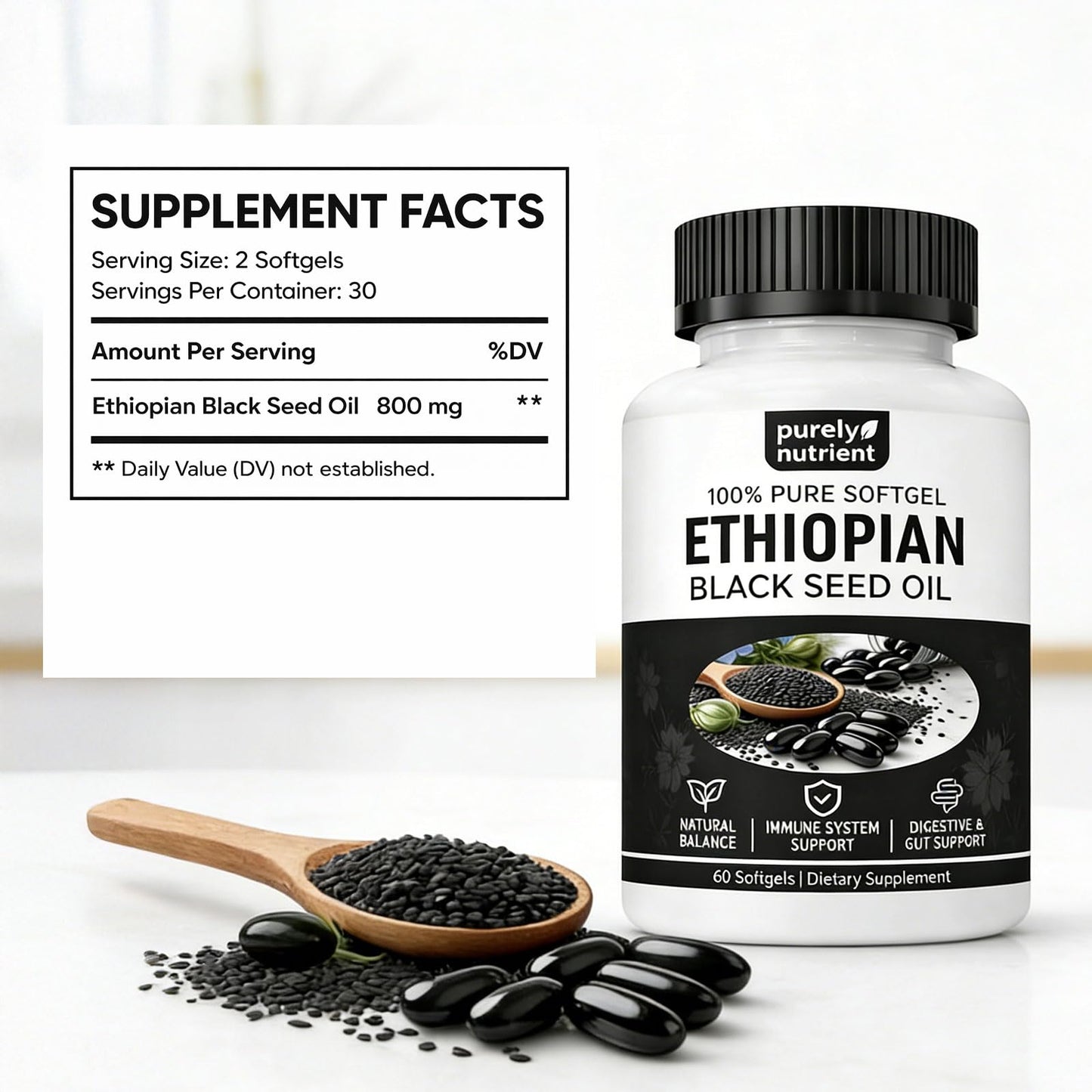 PURELYNUTRIENT Ethiopian Black Seed Oil Softgels, 60 Softgels