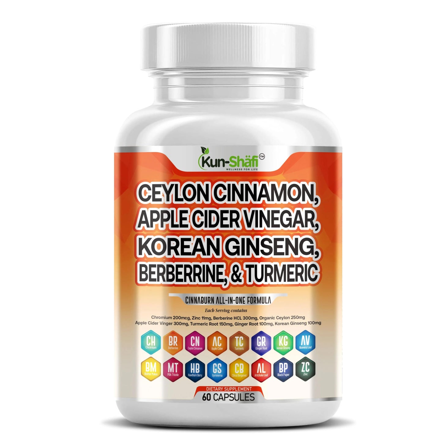 Kun Shafi Ceylon Cinnamon Complex with Berberine Apple Cider Vinegar Plus Bitter Melon Gymnema Ginseng Chromium & Turmeric Milk Thistle, 60 Capsules
