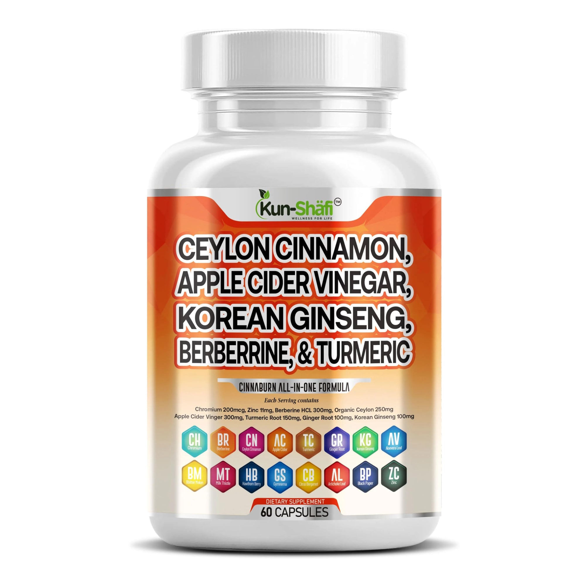 Kun Shafi Ceylon Cinnamon Complex with Berberine Apple Cider Vinegar Plus Bitter Melon Gymnema Ginseng Chromium & Turmeric Milk Thistle, 60 Capsules