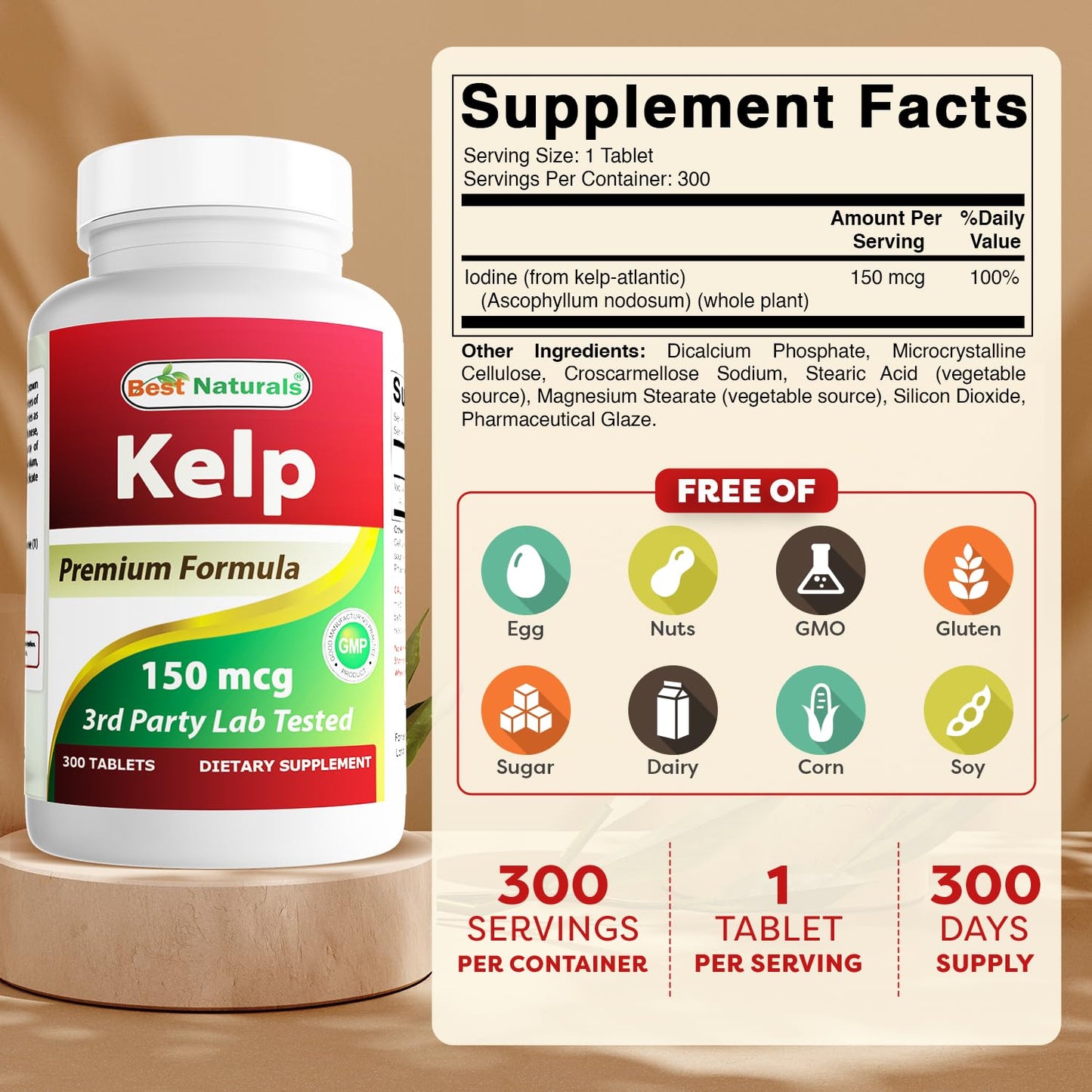 Best Naturals Kelp Supplement 150 mcg Tablet, 300 Count