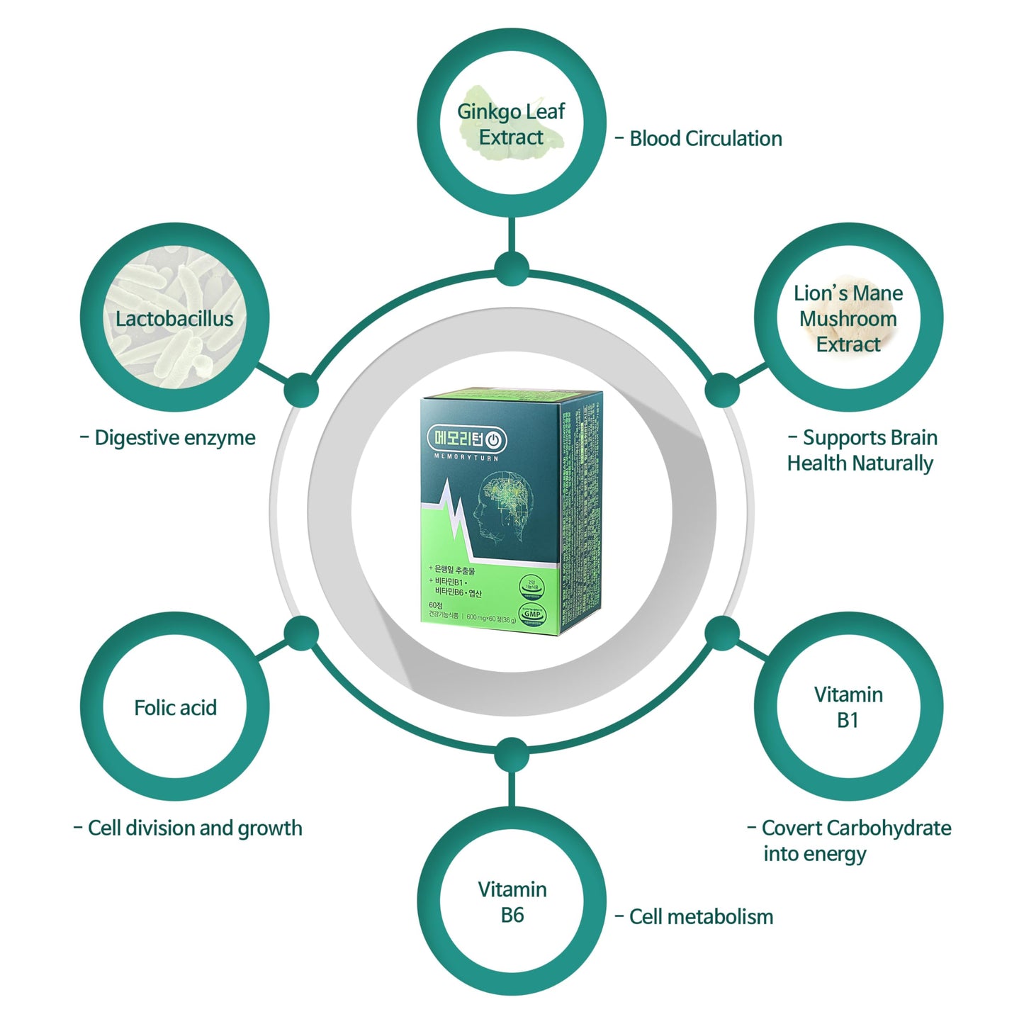 Memoryturn Brain Supplement with Lion’s Mane & Ginkgo Biloba – Natural Nootropic Tablet, 1 Count