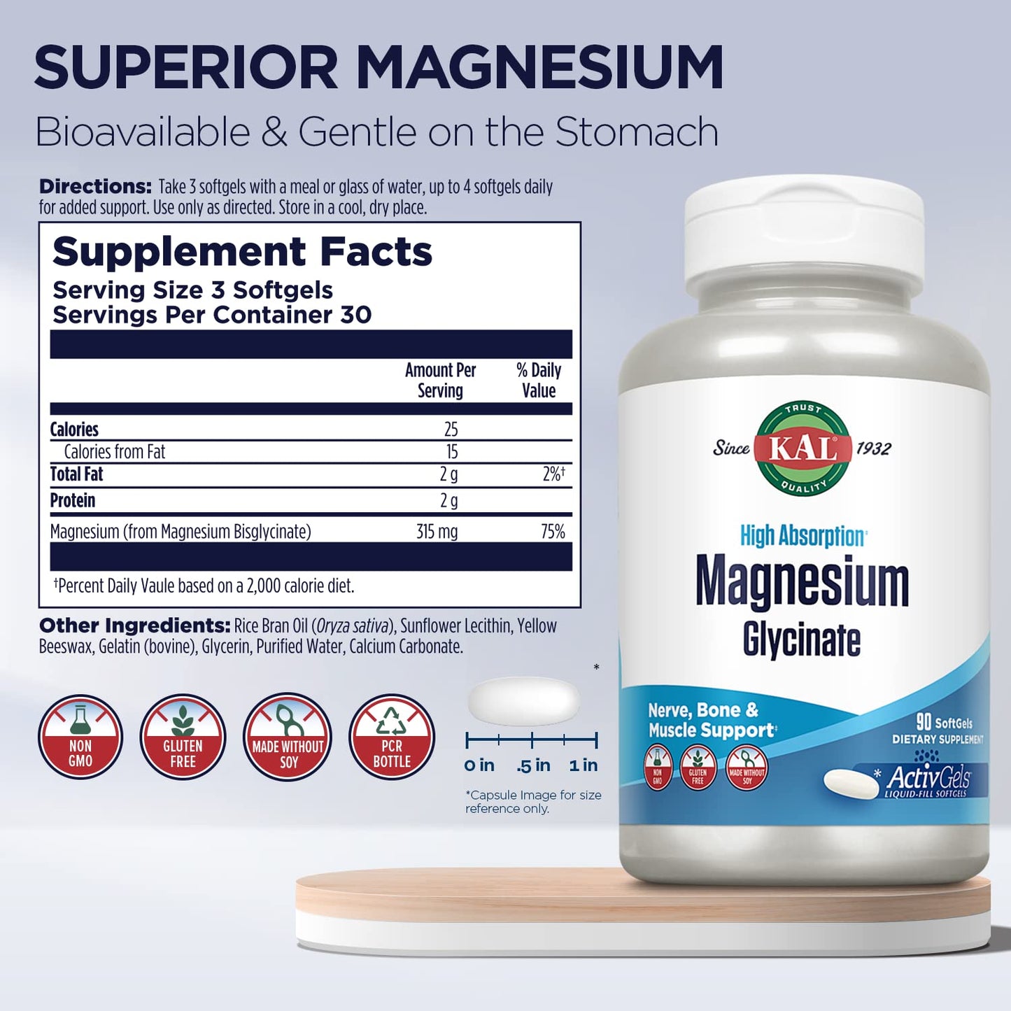 KAL Magnesium Glycinate ActivGels 315mg Softgels 90 Count