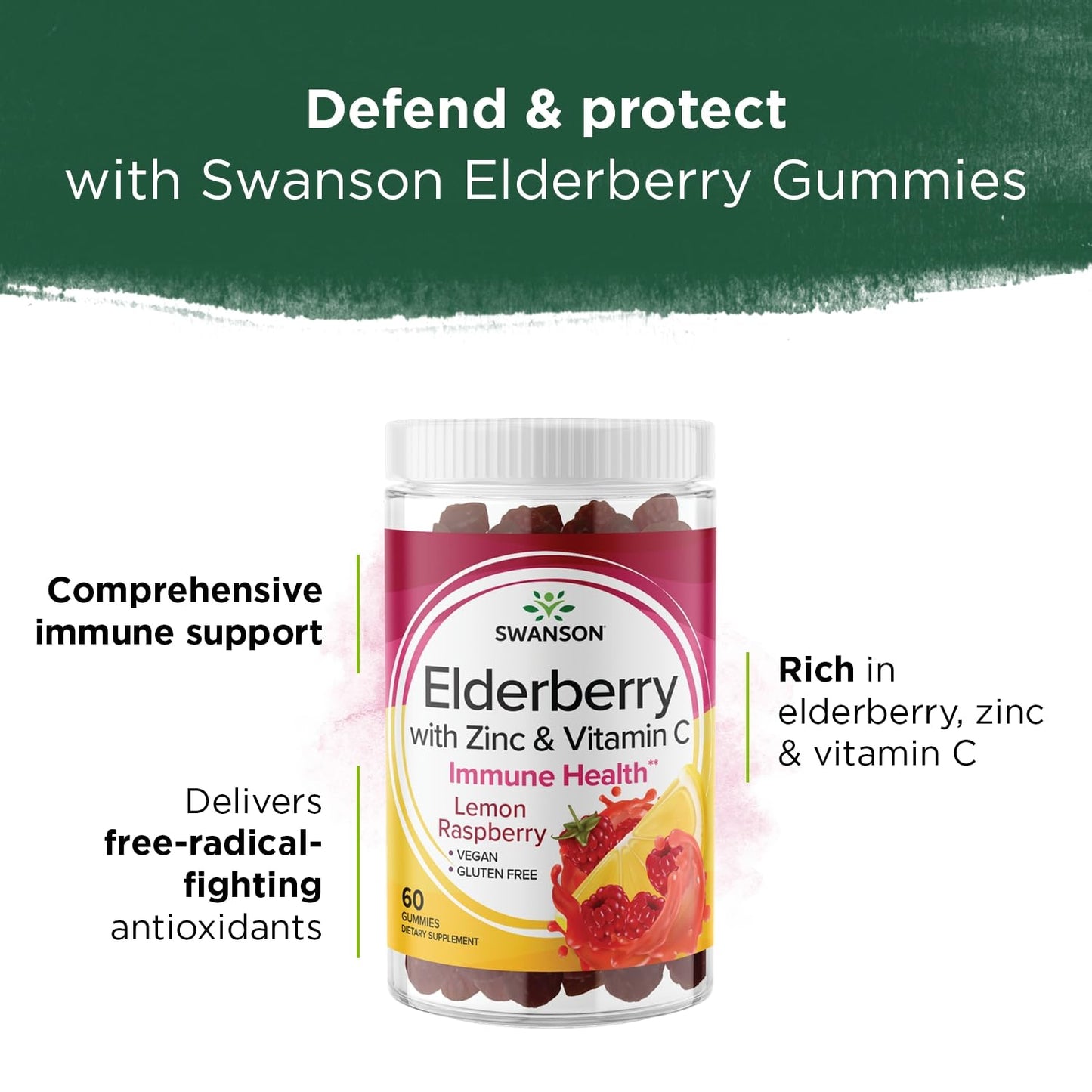 Swanson Elderberry Gummies with Zinc & Vitamin C - Lemon Raspberry, 60 Gummies
