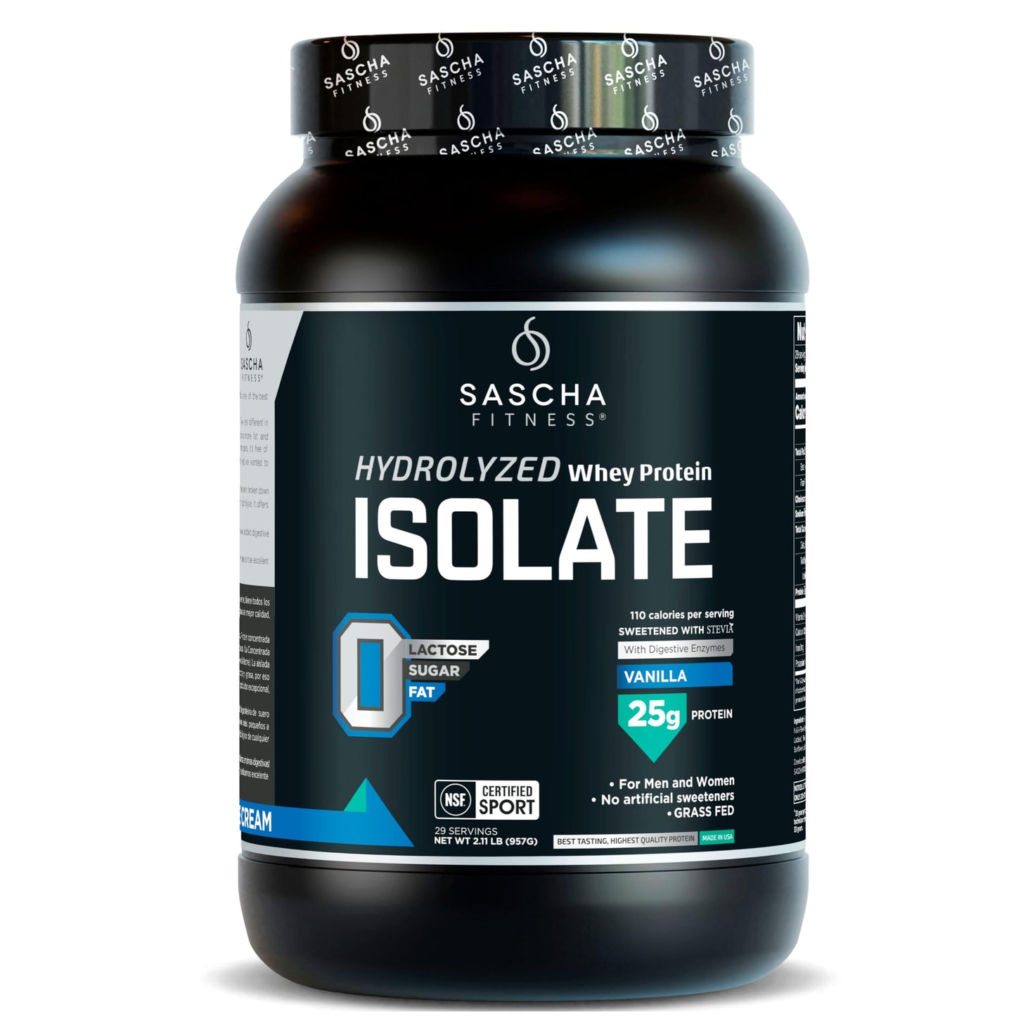 SASCHA FITNESS Hydrolyzed Whey Protein Isolate Powder, Vanilla, 32 oz