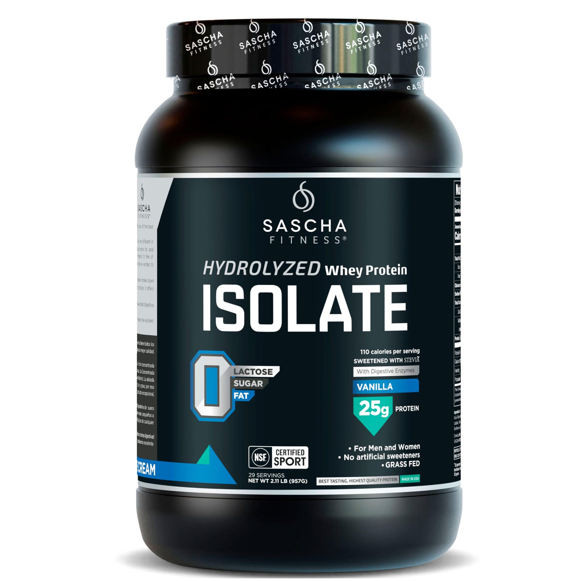 SASCHA FITNESS Hydrolyzed Whey Protein Isolate Powder, Vanilla, 32 oz