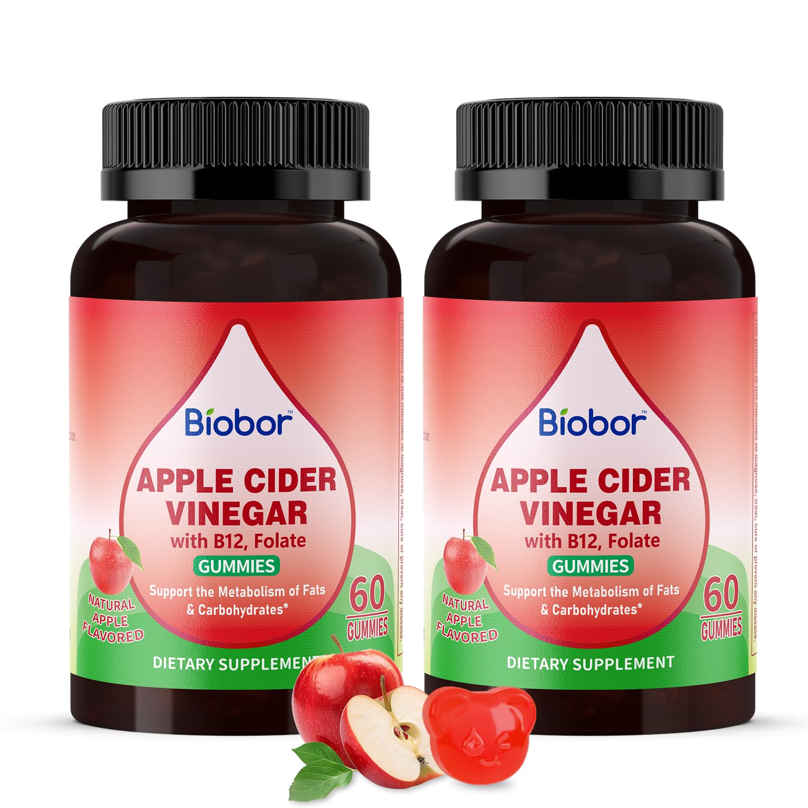 Biobor Apple Cider Vinegar Gummies 1000 mg with Vitamin B12, 120 Gummies