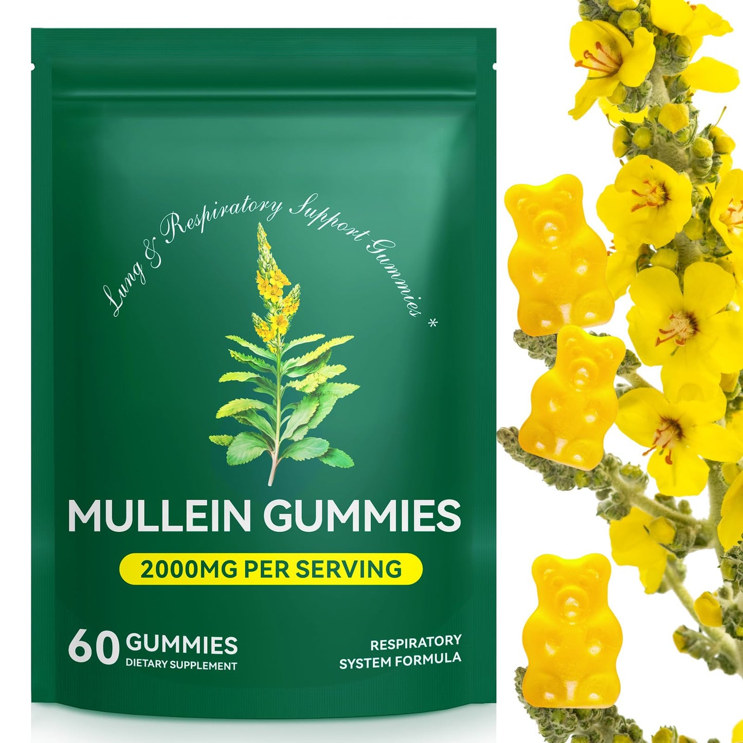 Ruduwu Mullein Gummies for Lung Detox, 2000mg Mullein Leaf Extract, Respiratory, Digestive & Immune Support, Organic Mullein Herb Supplement, Vegan, 60 Gummies