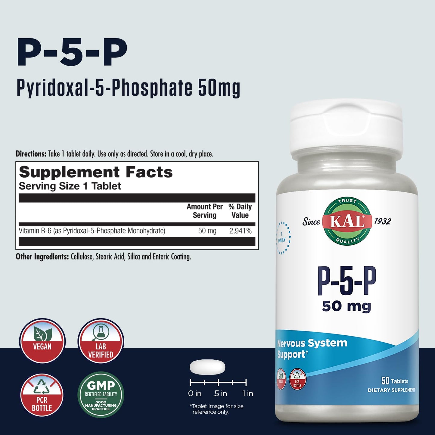 KAL 50 mg B-6 Pyridoxal-5-phosphate Tablets, 50 Count