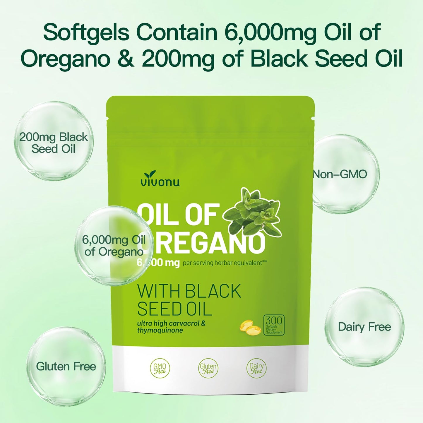 VivoNu Oil of Oregano with Black Seed Oil Capsules, 300 Count