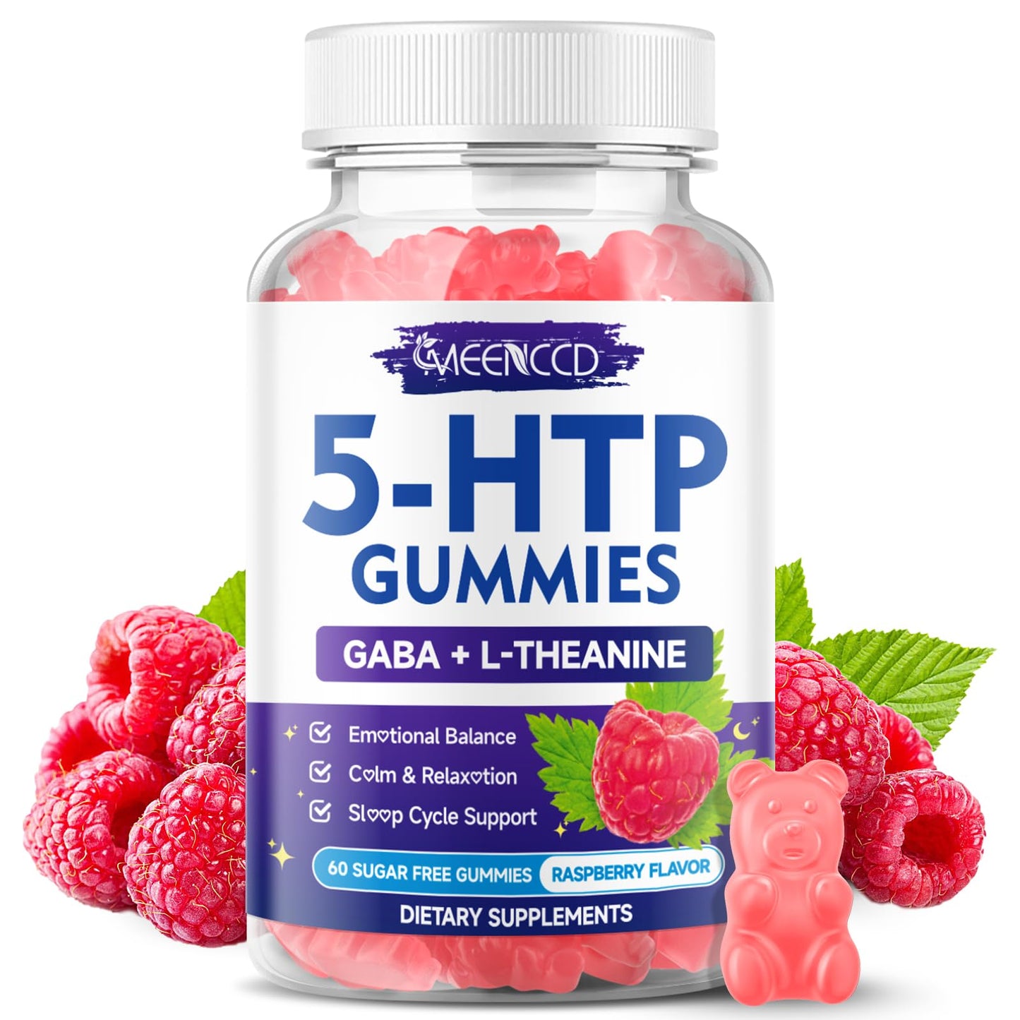 MEENCCD 5-HTP Gummies 300mg with L-Theanine & GABA, 60 Count