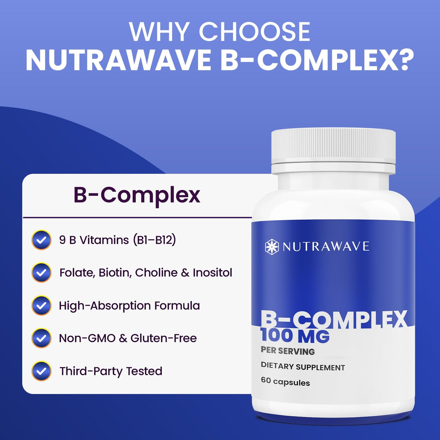 Nutra Wave Super B Complex Vitamins for Women & Men Capsules, 60 Count