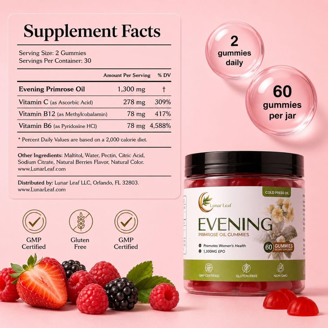 Lunar Leaf Evening Primrose Oil Gummies 1300mg for Women – Hormonal Balance, Skin & Cycle Support – Berry Flavored, Non-GMO, Gluten-Free – 60 Gummies
