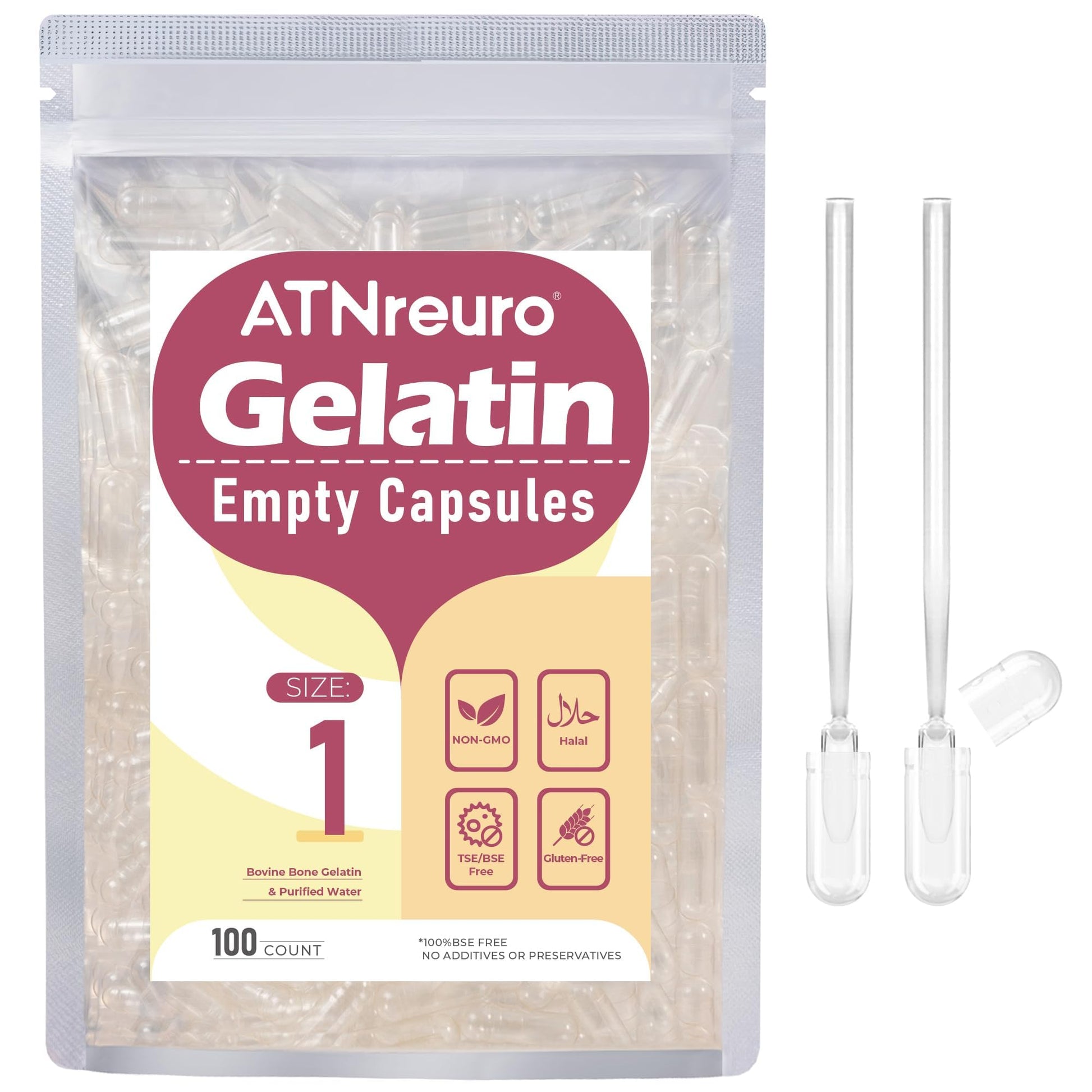 ATNreuro Size 1 Empty Gelatin Capsules with 2 Micro Spoons, 100 Count