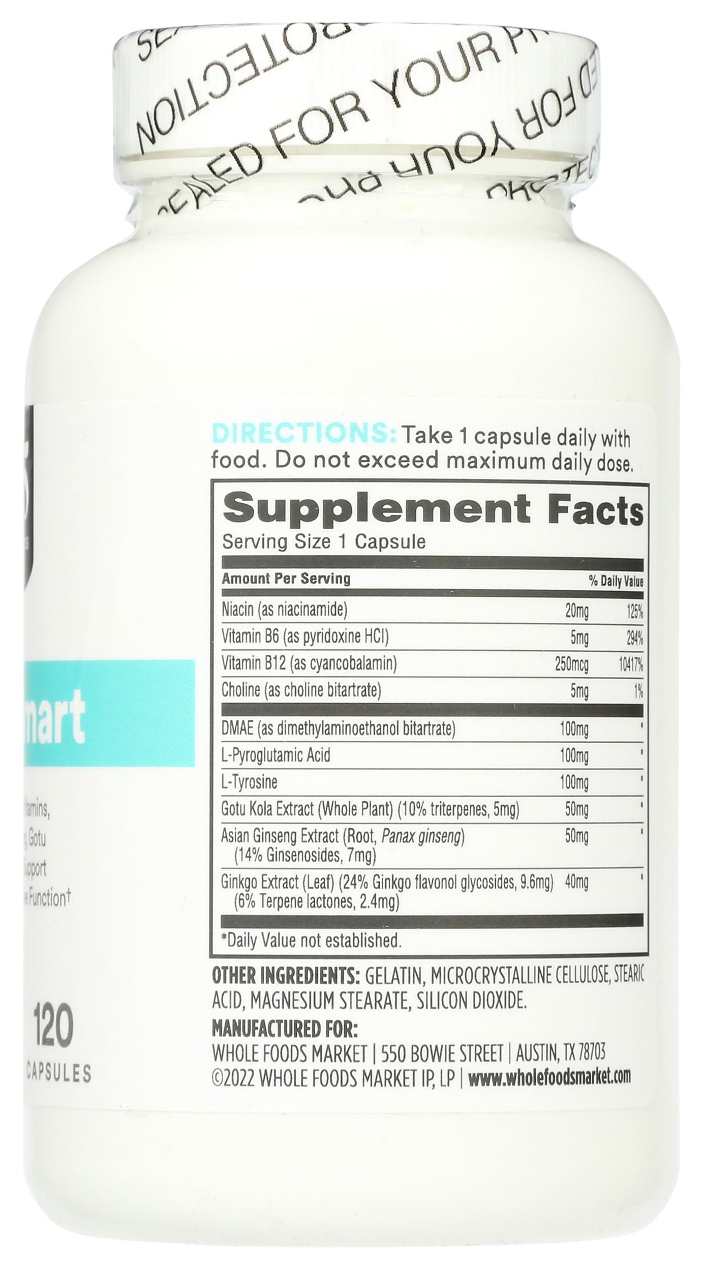 365 by Whole Foods Market Think Smart with B Vitamins, Amino Acids, Ginkgo, Asian Ginseng, Gotu Kola, & Choline Capsules 120