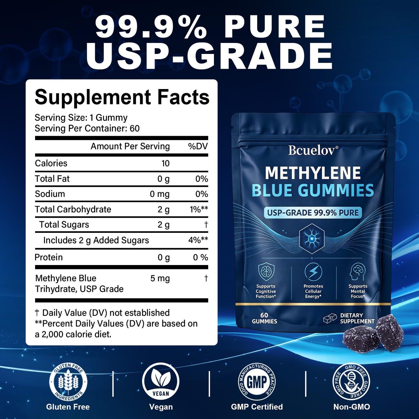 Bcuelov Methylene Blue Gummies 5mg, 60 Count