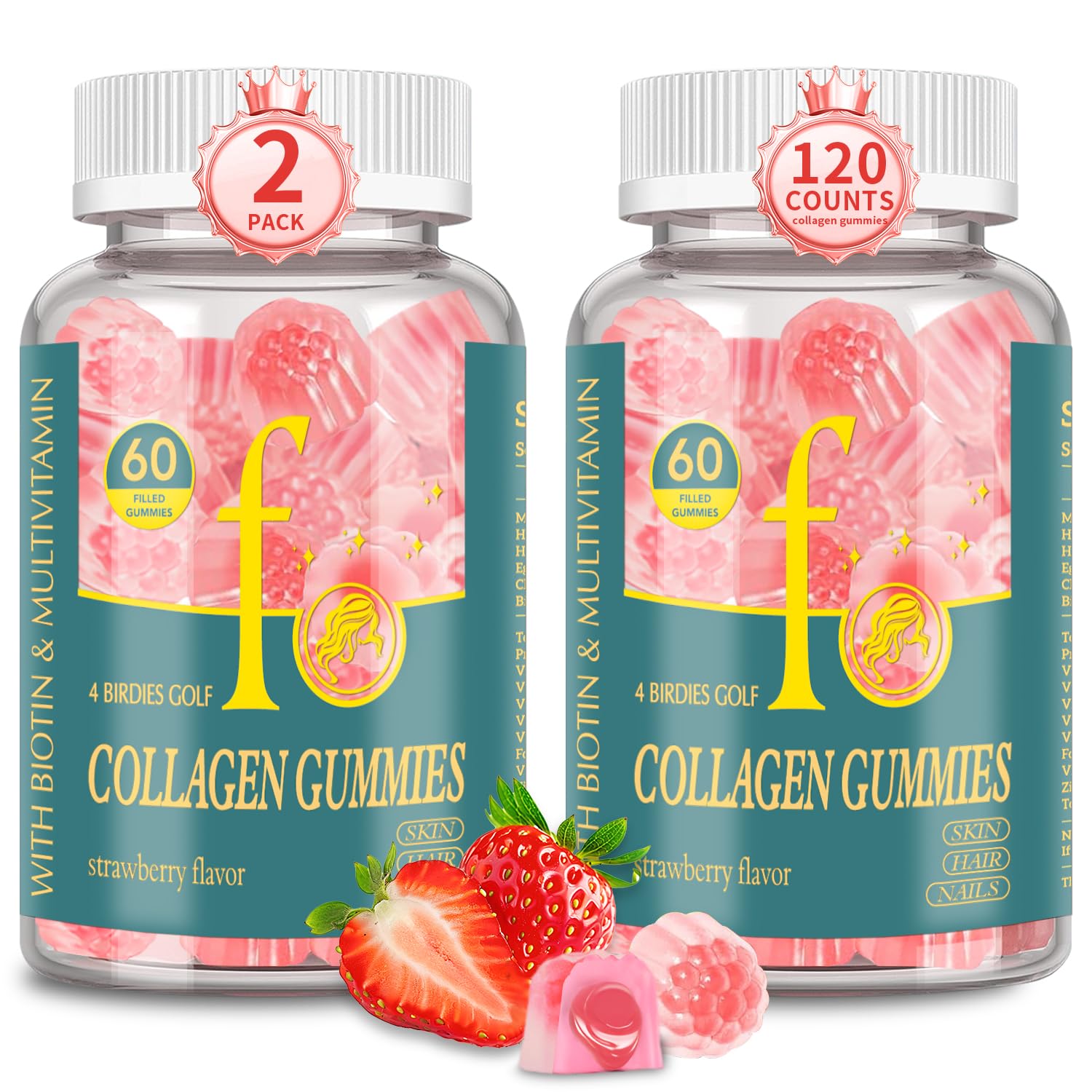 4 BIRDIES GOLF Collagen Gummies for Women, Sugar Free, with Biotin & Zinc, 120 Gummies