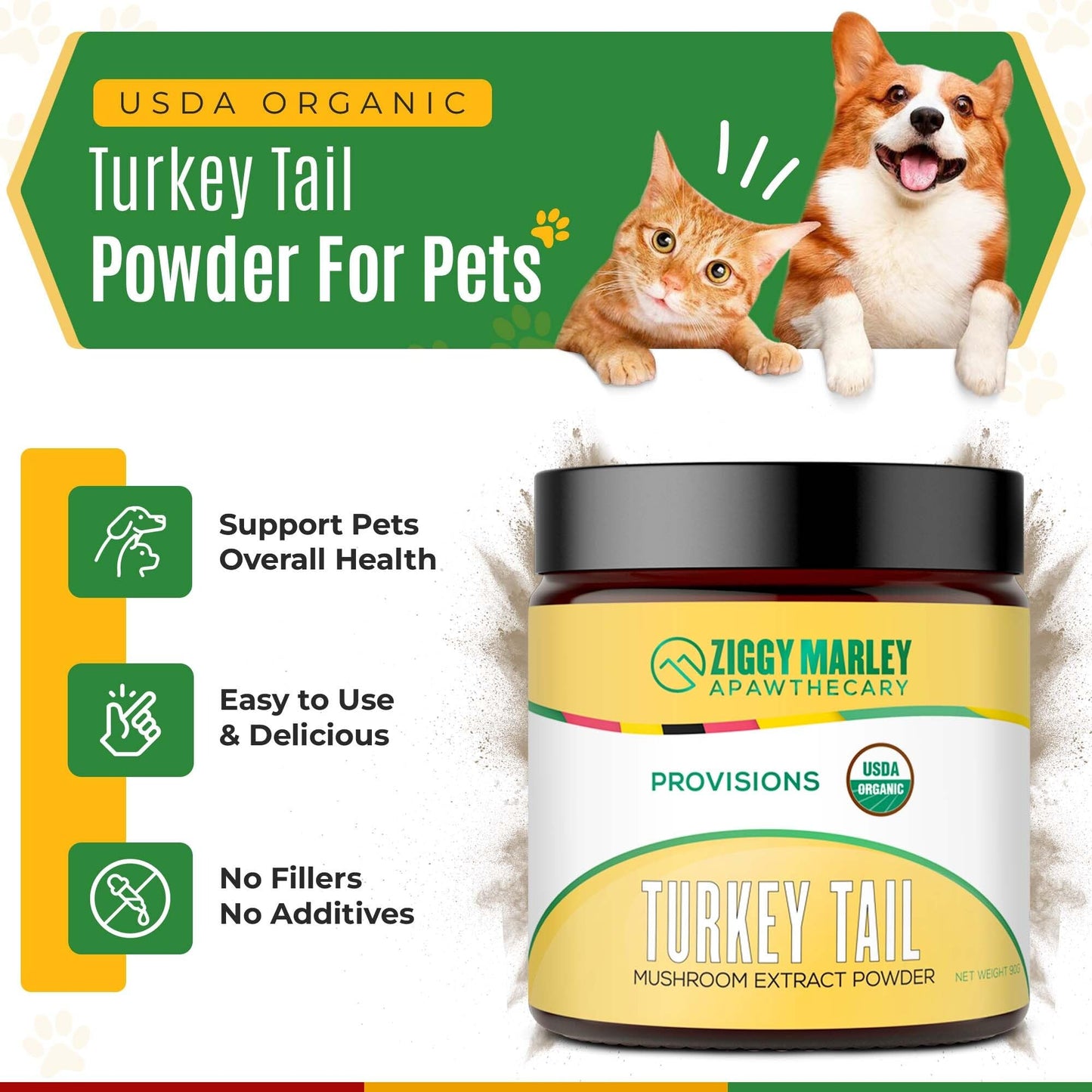 ZMA PETS Ziggy Marley's USDA Organic Turkey Tail Mushroom Powder for Dogs & Cats – Fruiting Body Extract, 3.17 oz