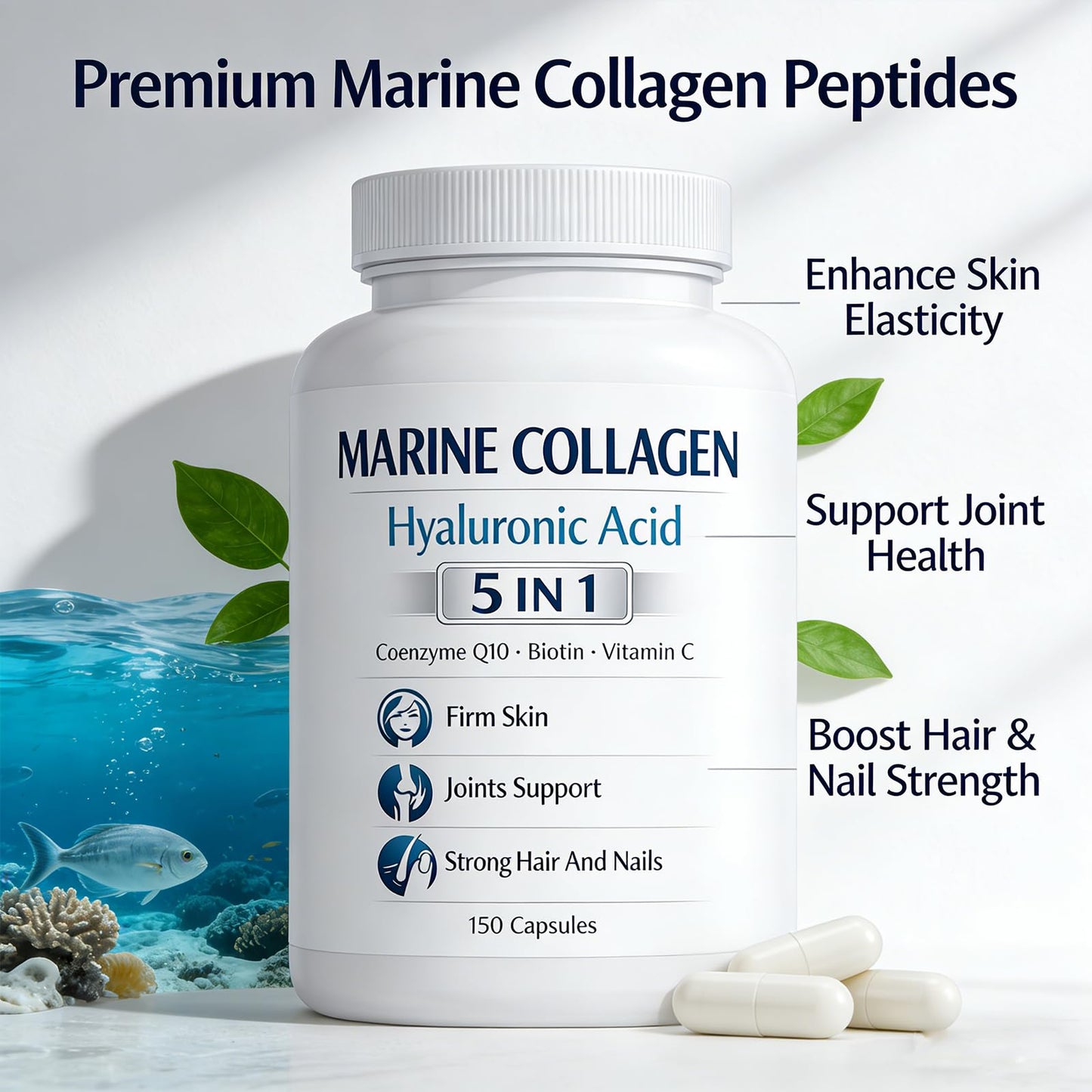 Roreiye Marine Collagen + Hyaluronic Acid 5-in-1 Premium Formula, Capsules, 150 Count