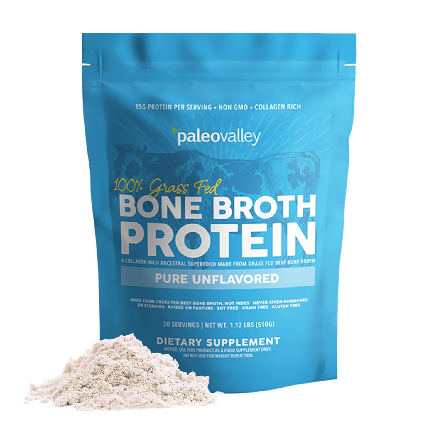 Paleovalley 100% Grass Fed Beef Bone Broth Protein Powder, 16.8 oz