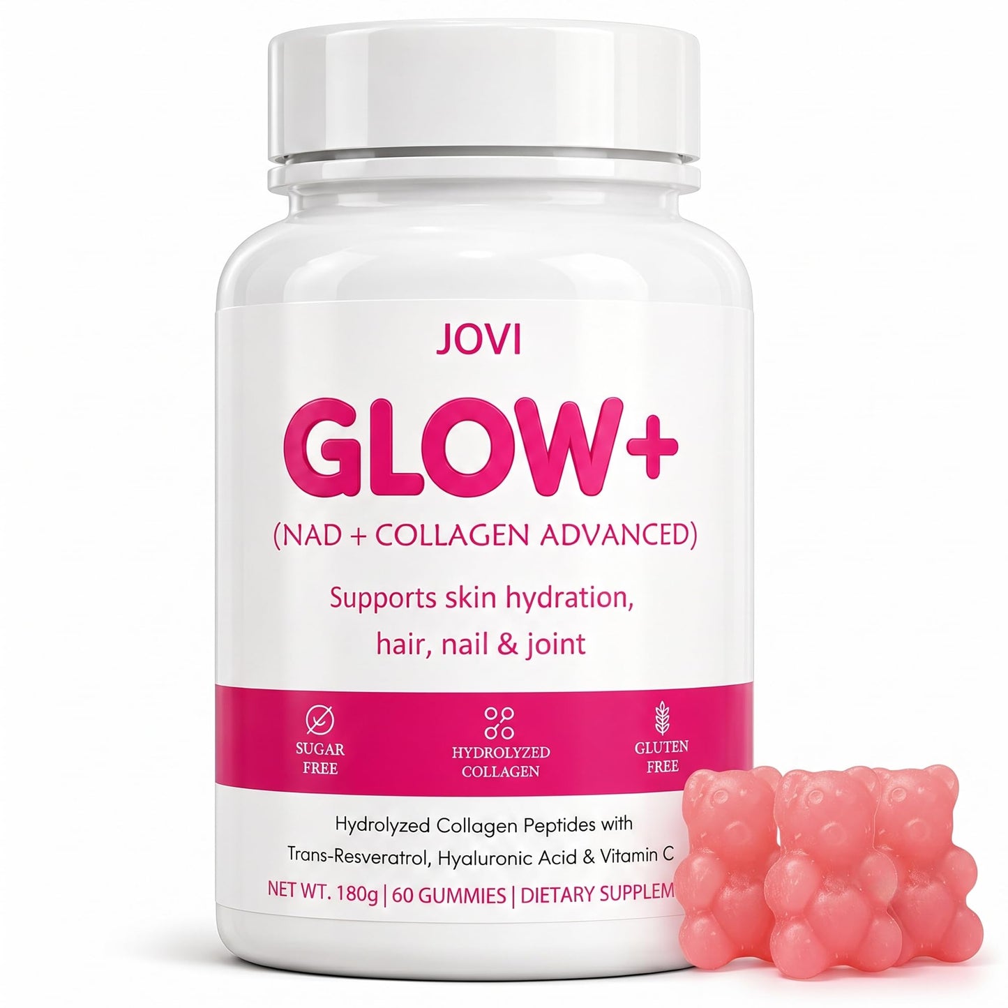 KFASJON Jovi Glow+ NAD+ Hydrolyzed Collagen Gummies for Women, Skin Hair Nails, 60 Count