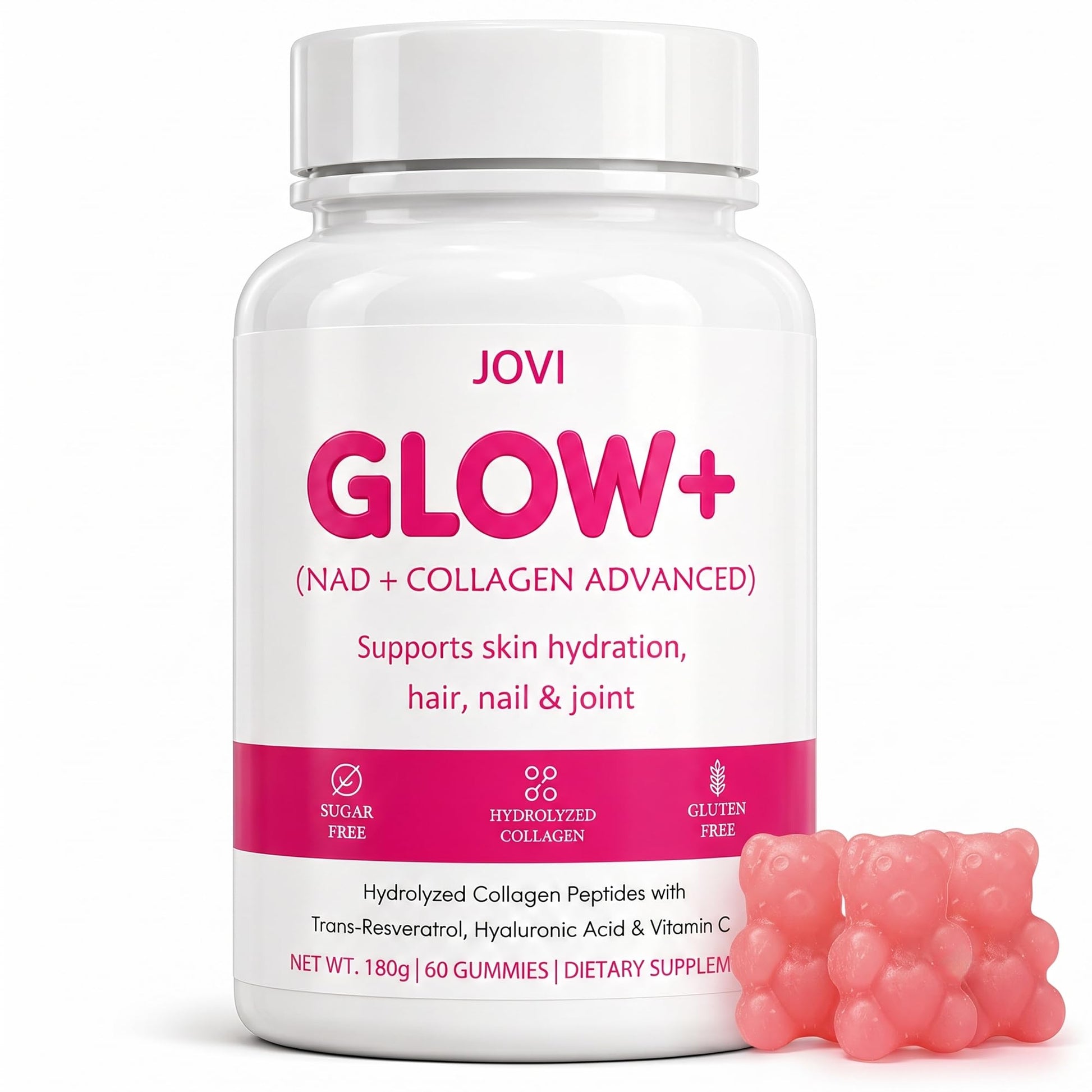 KFASJON Jovi Glow+ NAD+ Hydrolyzed Collagen Gummies for Women, Skin Hair Nails, 60 Count