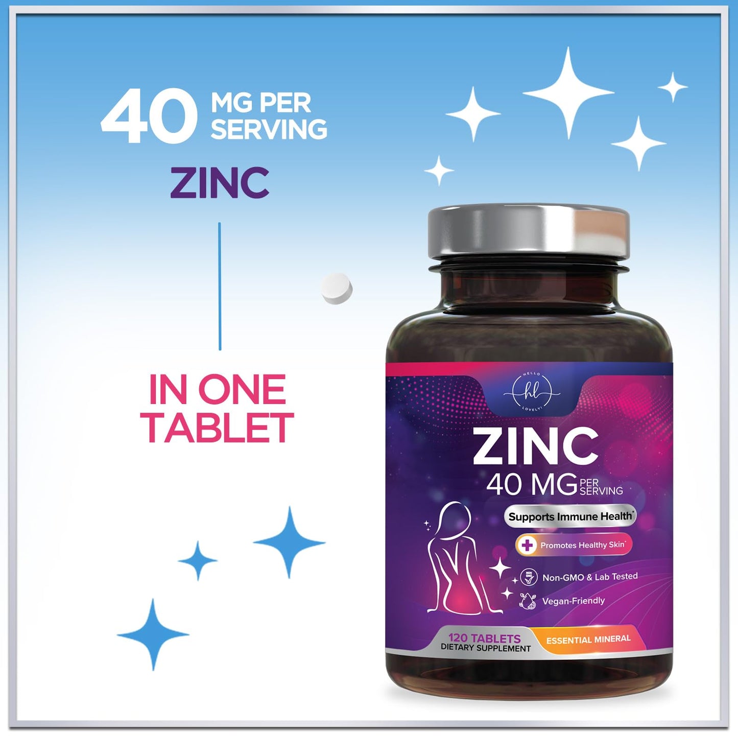 Hello Lovely! Zinc 40mg Tablets, 120 Count