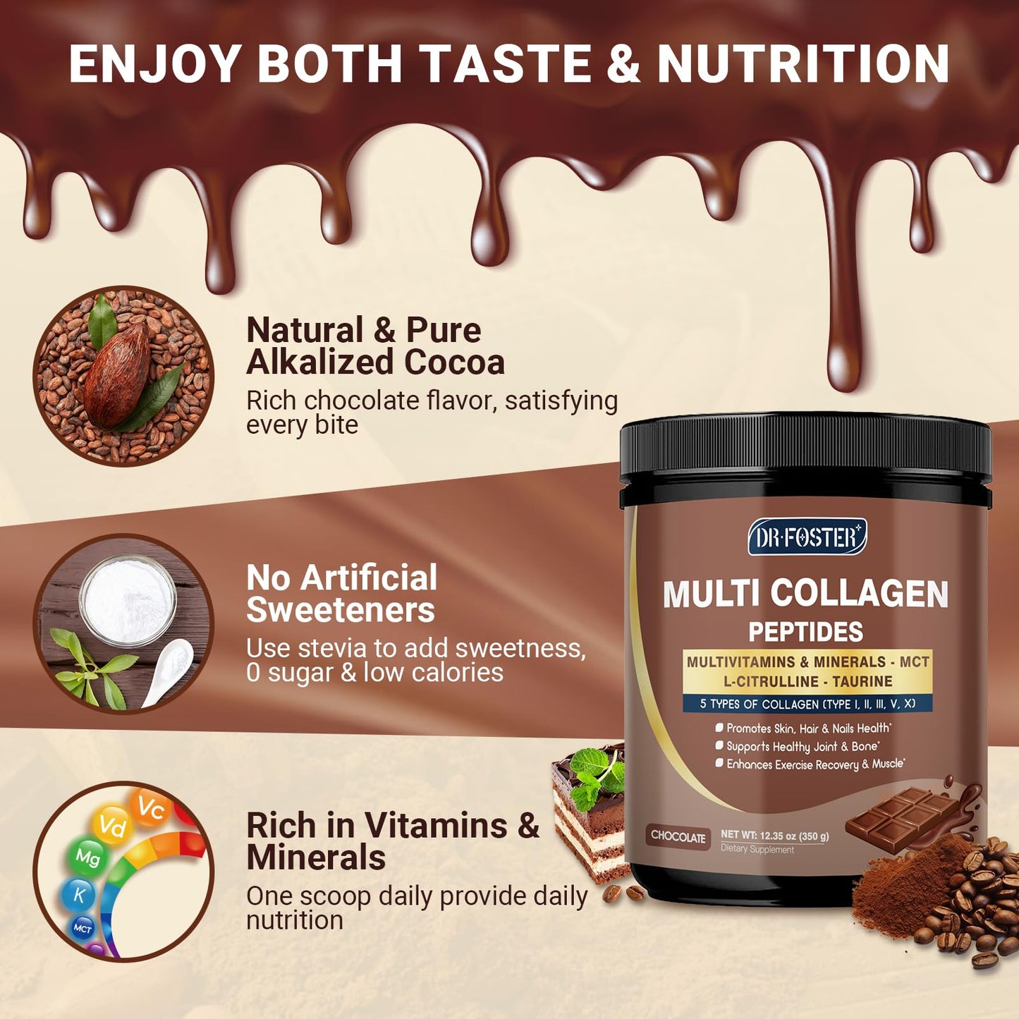 DRFOSTER Chocolate Collagen Peptides Powder 12.35 Ounce