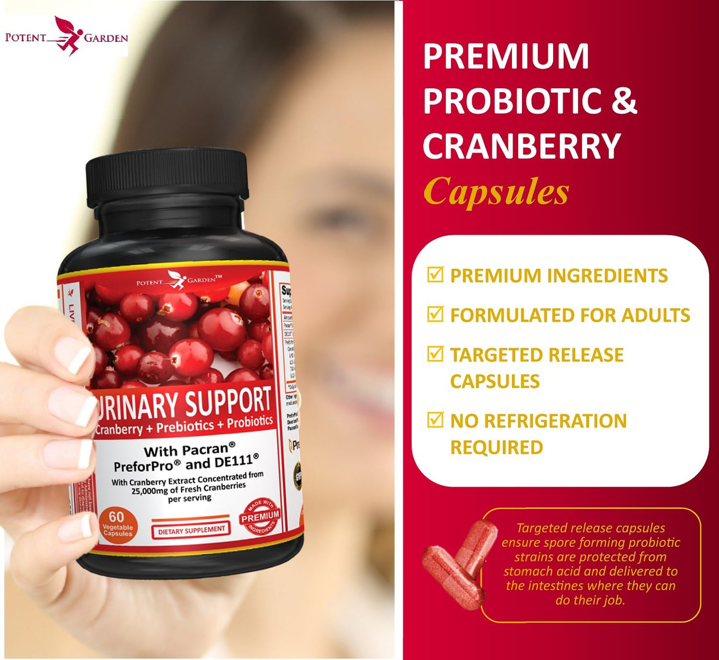 Potent Garden Urinary Support Probiotic Cranberry Capsules for Women, 5 Billion CFUs, 60 Count