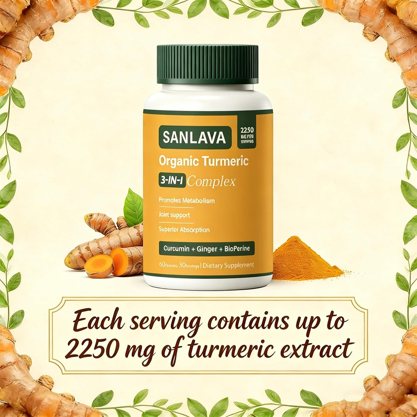 Sanlava Organic Turmeric 3-in-1 Complex Supplement 2250mg, Vegan, 60 Capsules