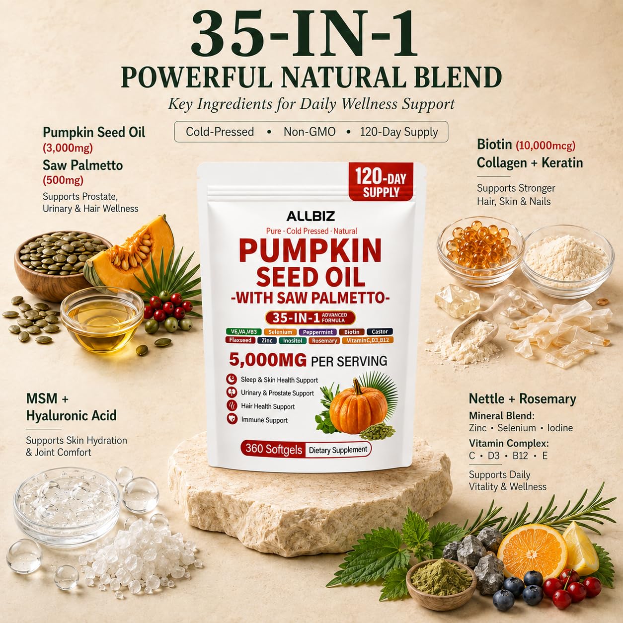 ALLBIZ Pumpkin Seed Oil with Saw Palmetto Softgels, 360