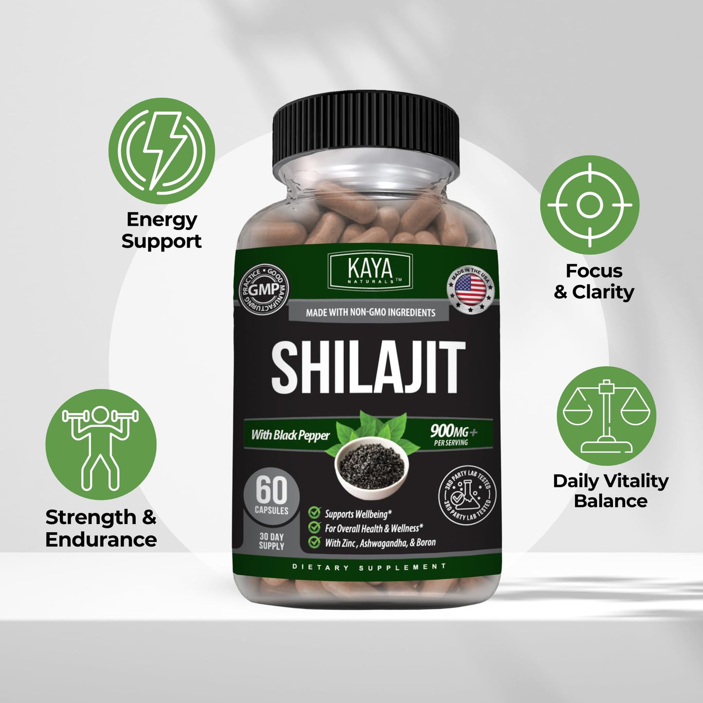 Kaya Naturals Shilajit with Black Pepper 900mg per Serving Capsule, 60 Count