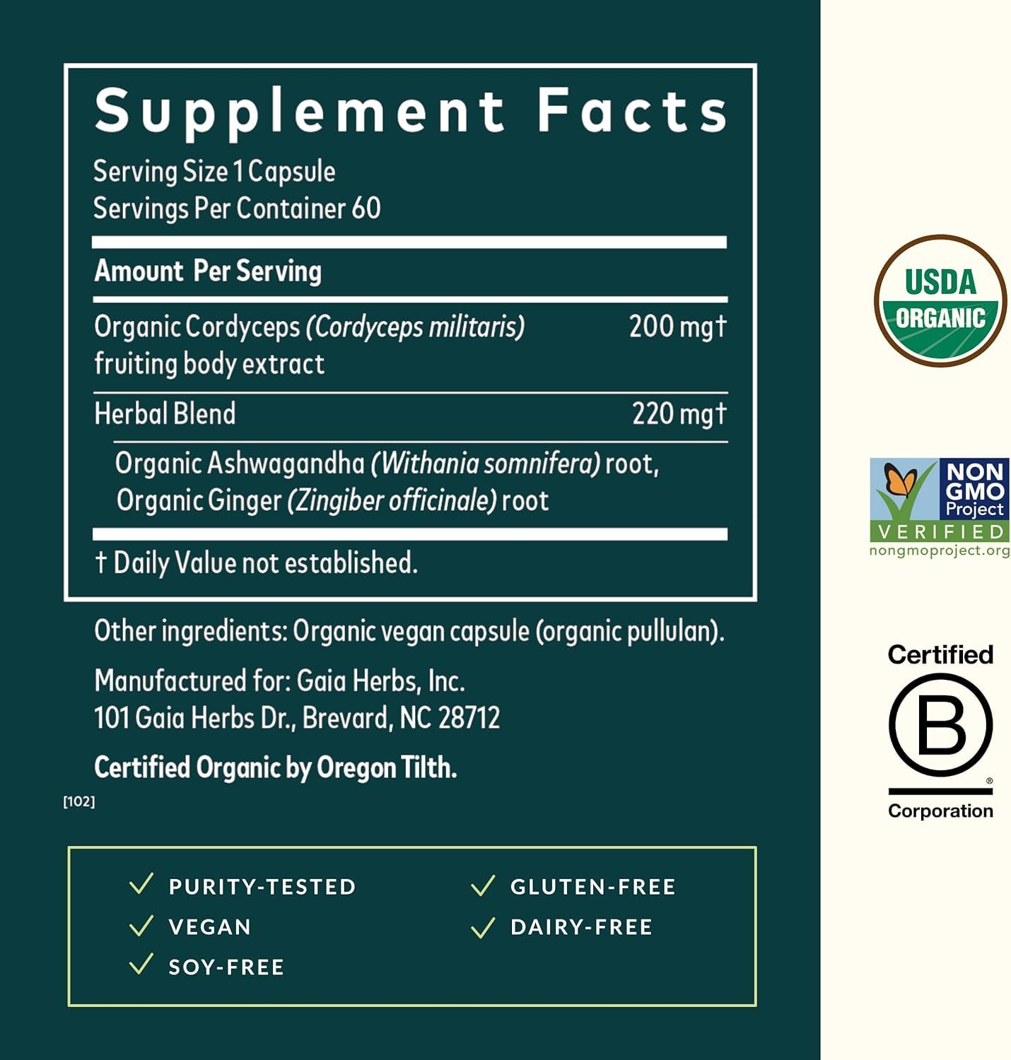 Gaia Herbs Adaptogen Performance Energy Support Supplement with Cordyceps & Ashwagandha 60 Capsules