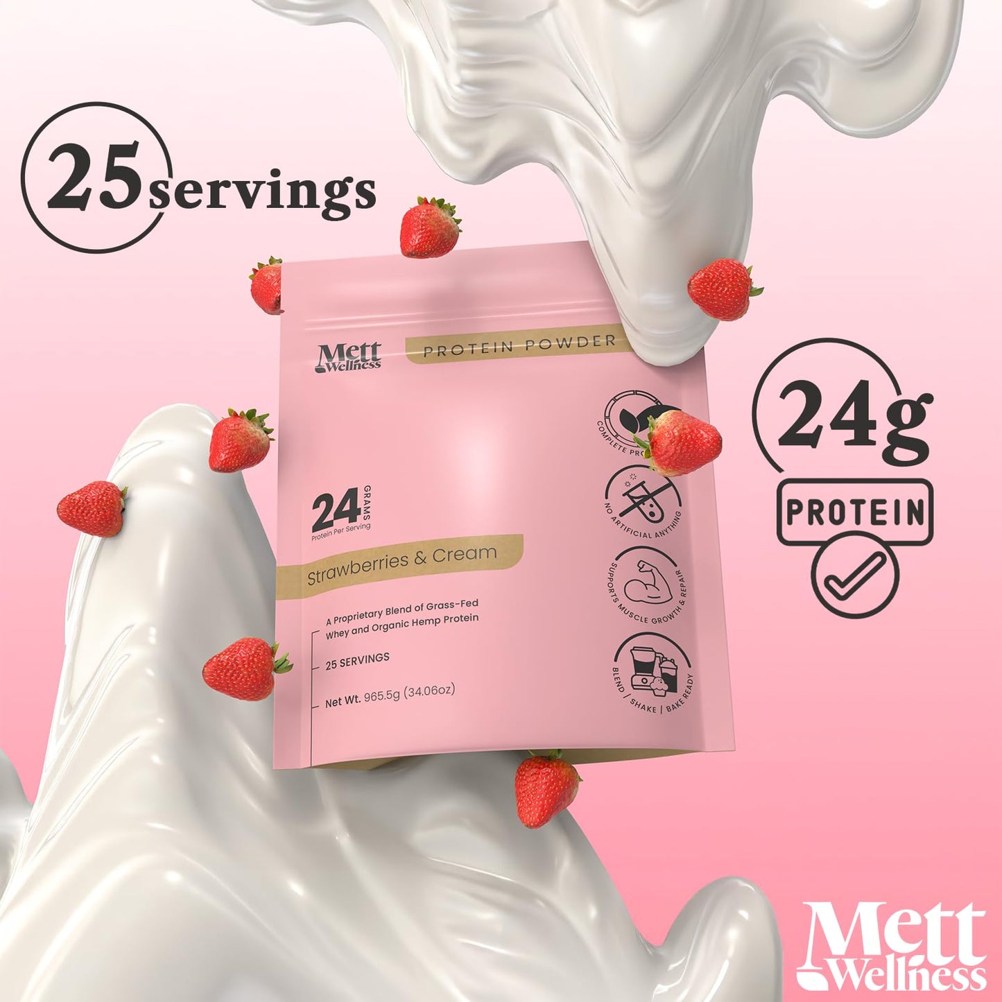 Mett Wellness Strawberries & Cream Grass-Fed Whey + Hemp Heart Protein Powder with Bovine Collagen, 25 Servings, Powder