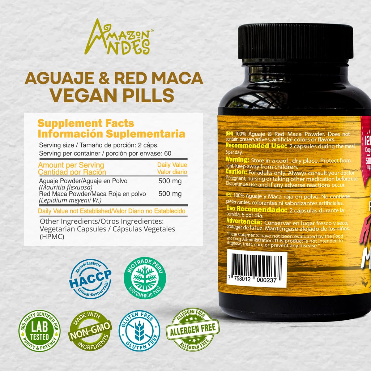 Amazon Andes Aguaje with Red Maca Capsules 1000mg - 120 Vegetarian Caps