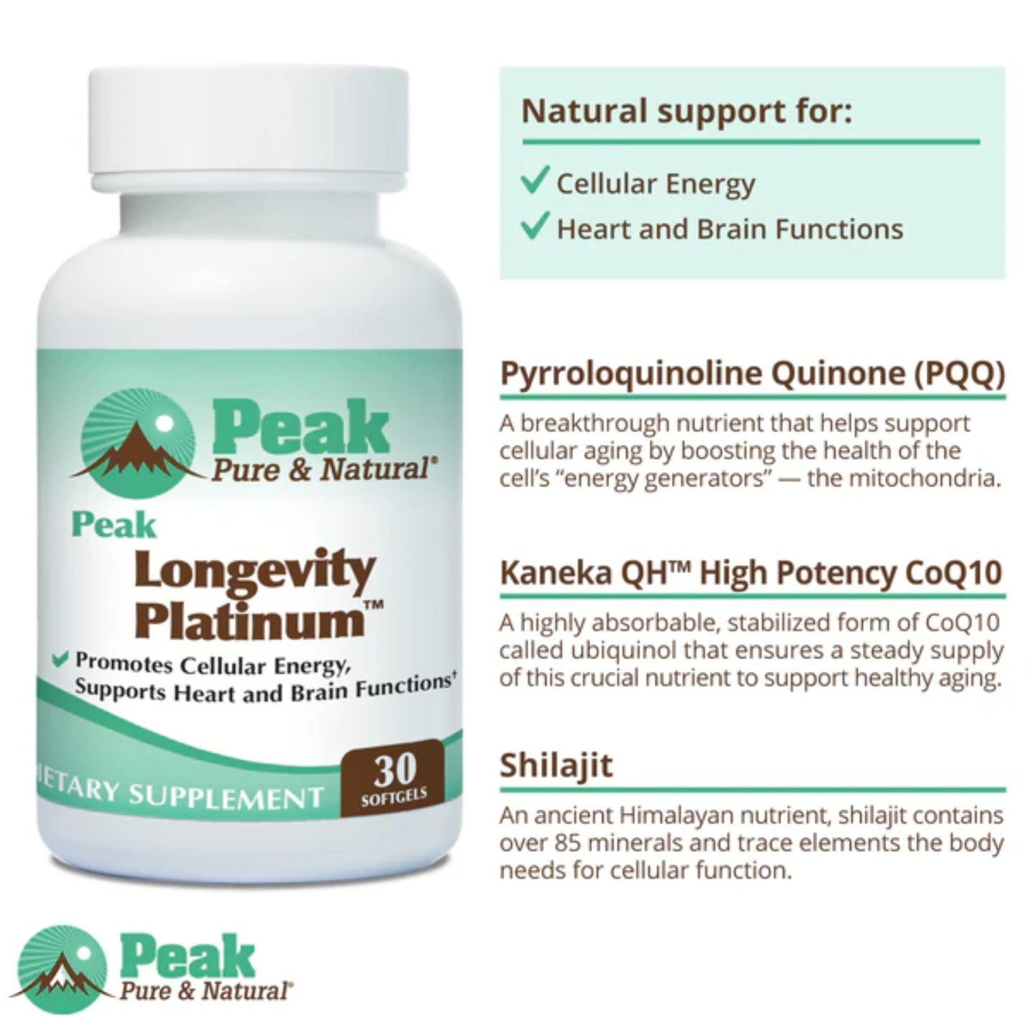 Peak Pure & Natural Longevity Platinum PQQ Supplement with Coenzyme Q10, Ubiquinol CoQ10 and Shilajit Softgels, 30