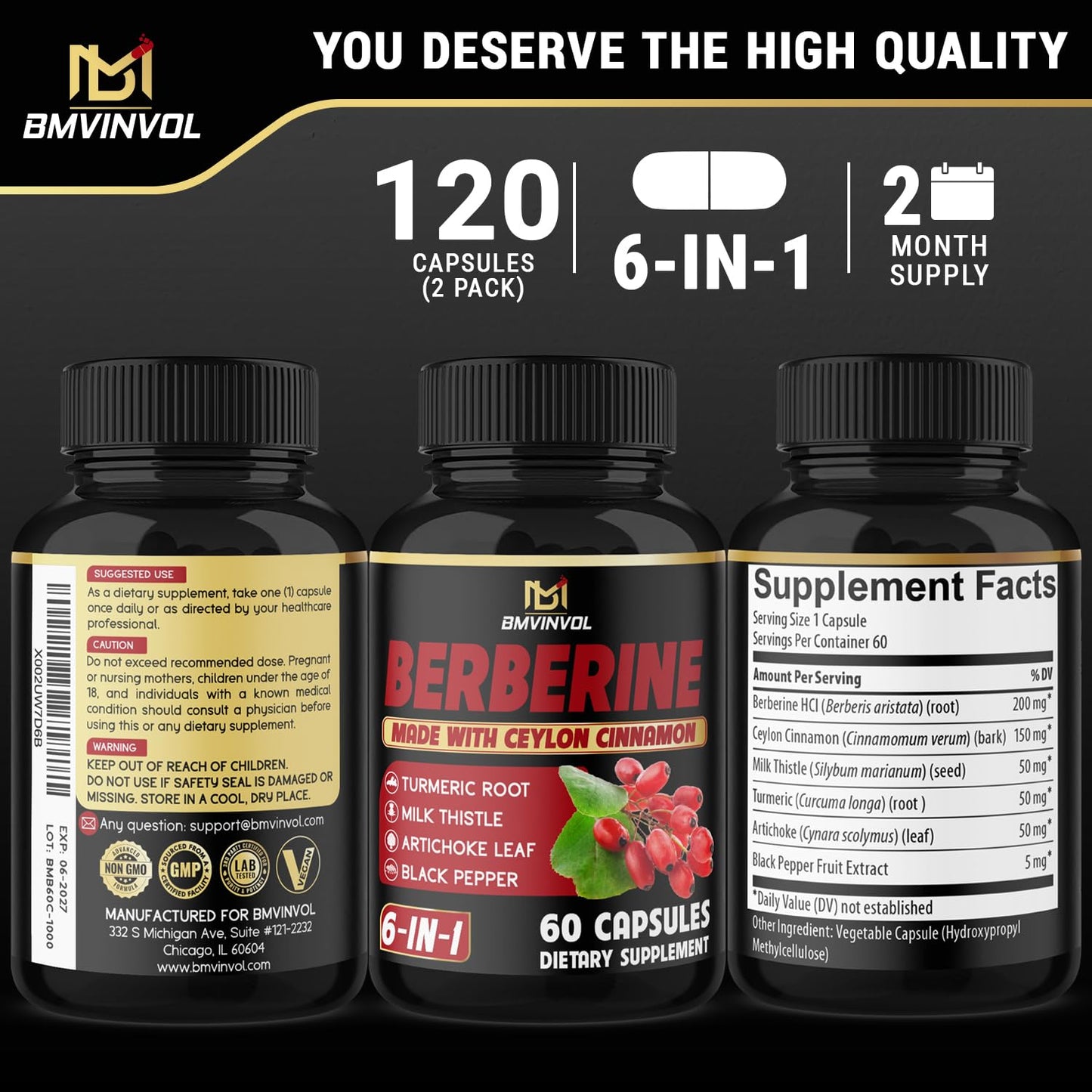 BMVINVOL Berberine Supplement Plus Ceylon Cinnamon and Turmeric 120 Capsules