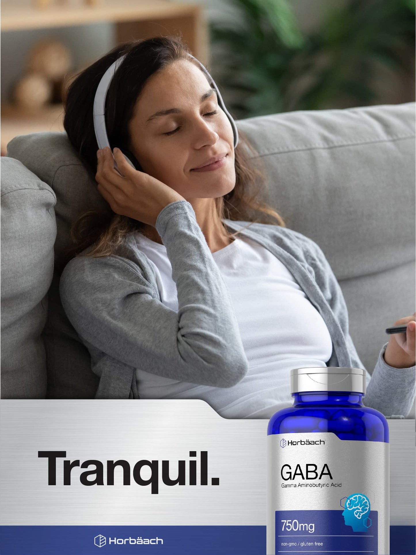 Horbäach GABA 750mg Gamma Aminobutyric Acid Supplement Capsule, 180 Capsules, Non-GMO, Gluten Free