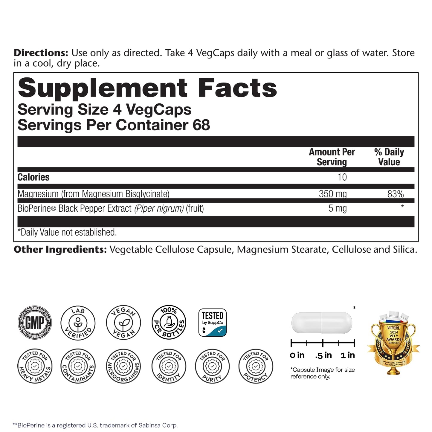 SOLARAY Magnesium Glycinate Capsules, Chelated Magnesium Bisglycinate with BioPerine, Higher Absorption Magnesium Supplement, 275 VegCaps