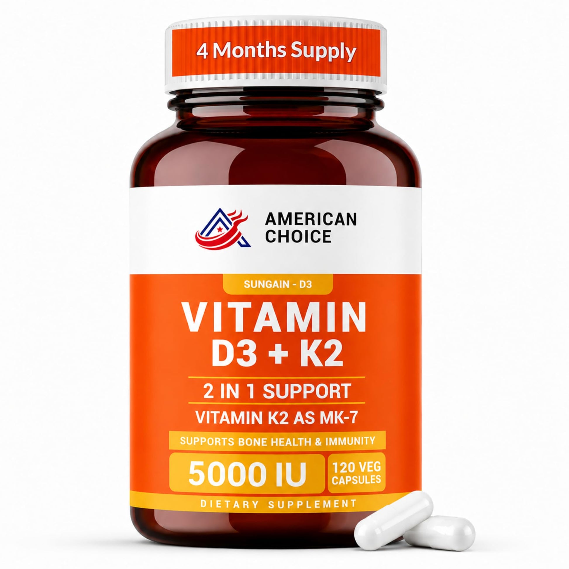 American Choice Vitamin D3 5000 IU K2 100 mcg Capsule, 120 Capsules