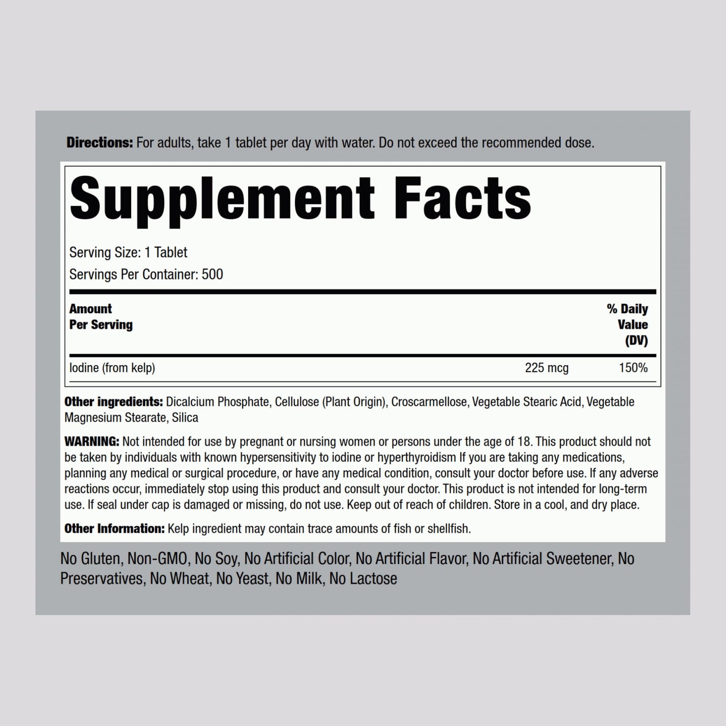 Piping Rock Sea Kelp Iodine Supplement 225 mcg 500 Tablets