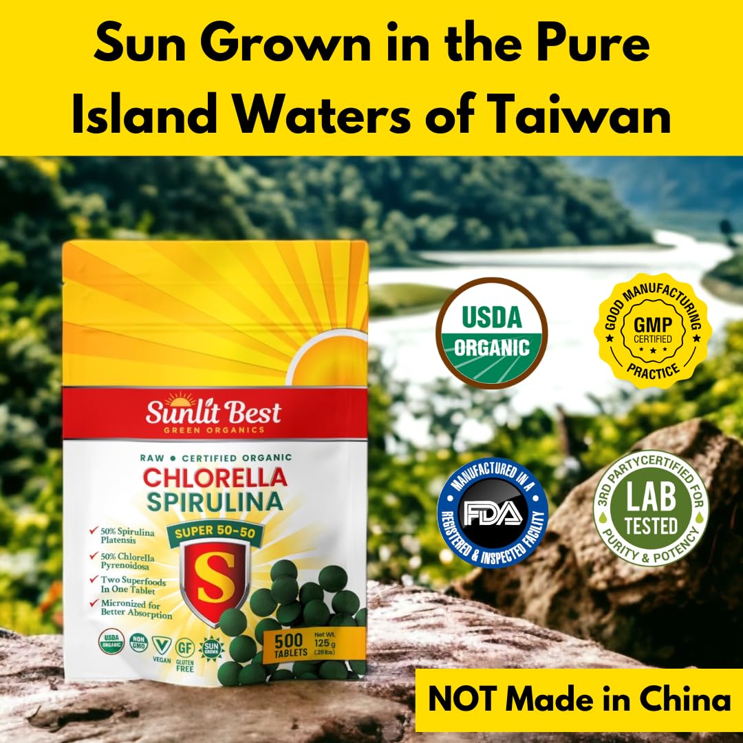 Sunlit Best Green Organics Sunlit Super 50/50 Organic Chlorella Spirulina Tablets, 500 Tablets