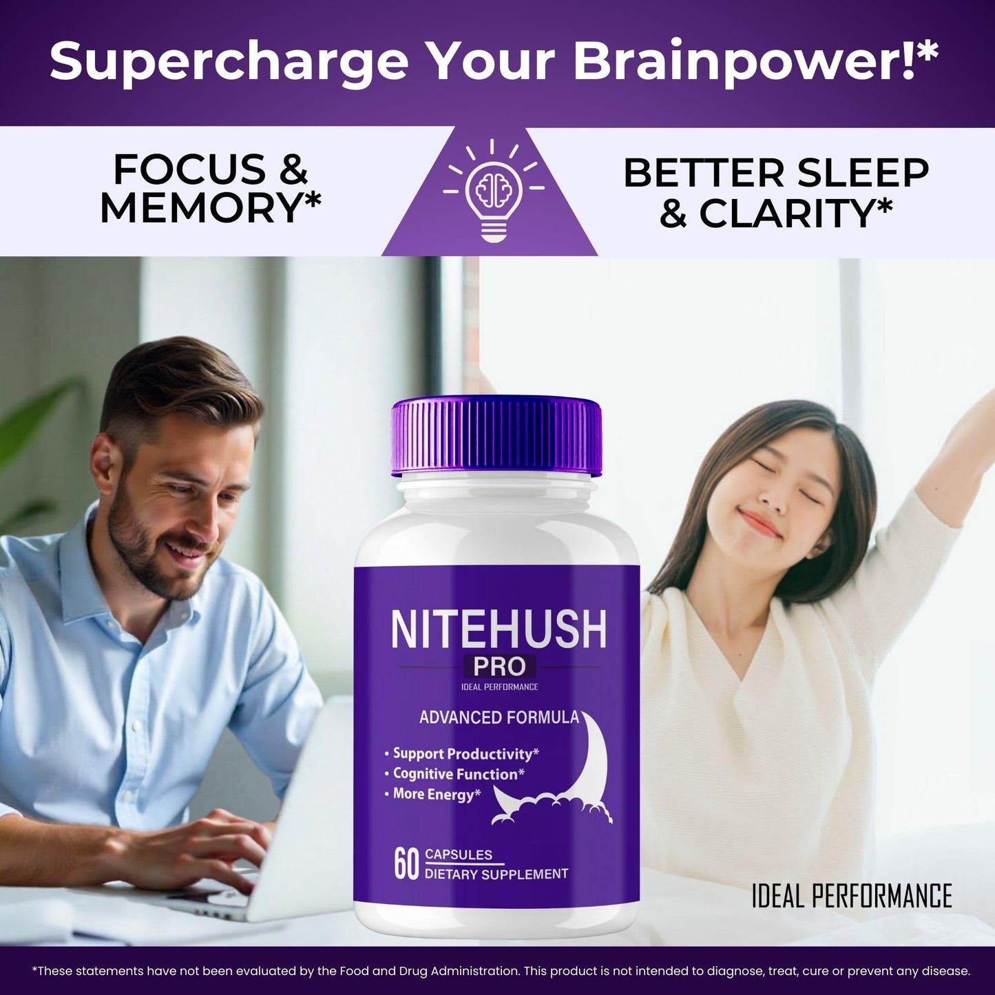 IDEAL PERFORMANCE Nite Hush Pro Brain Supplements for Memory and Focus Capsules, 60 Capsules