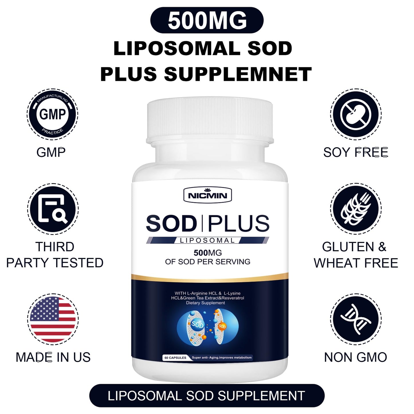NICMIN 500MG Superoxide Dismutase Supplement - SOD Plus with Liposomal Glutathione, AKG, Green Tea Extract, L-Arginine, Lysine, Resveratrol and Vitamin E Capsule, 120 Capsules